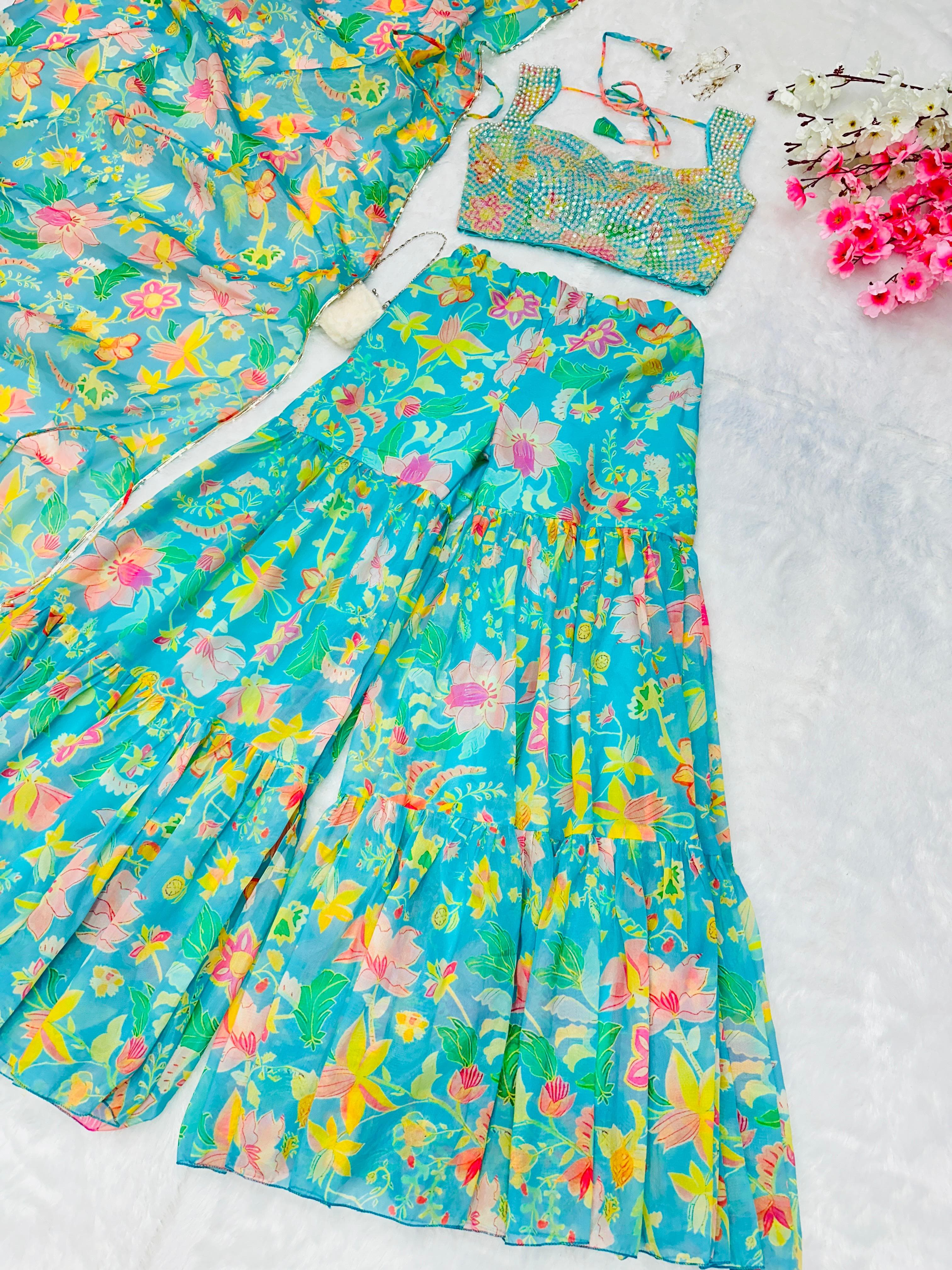 Organza Multi Printed Sky Blue Color Sharara Suit