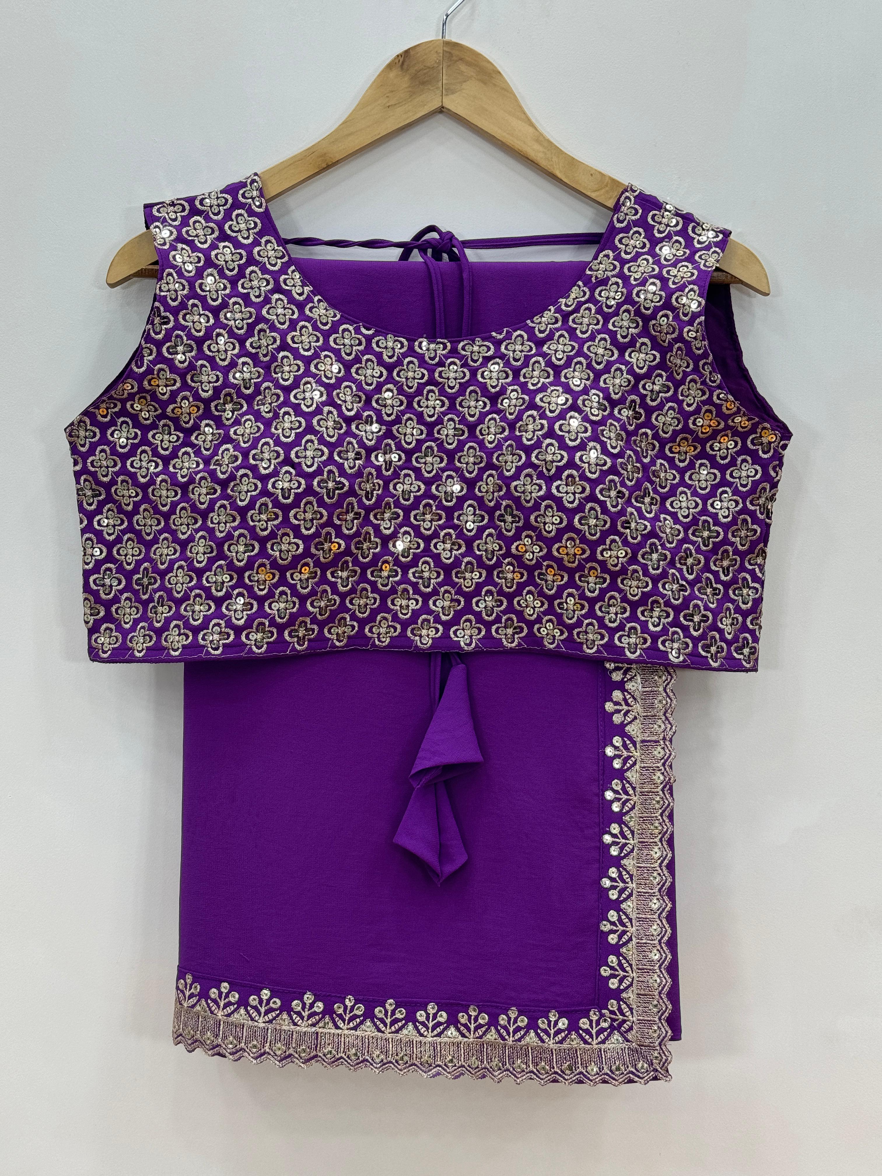 Celebrity Style Purple Lace Border Saree With Heavy Blouse