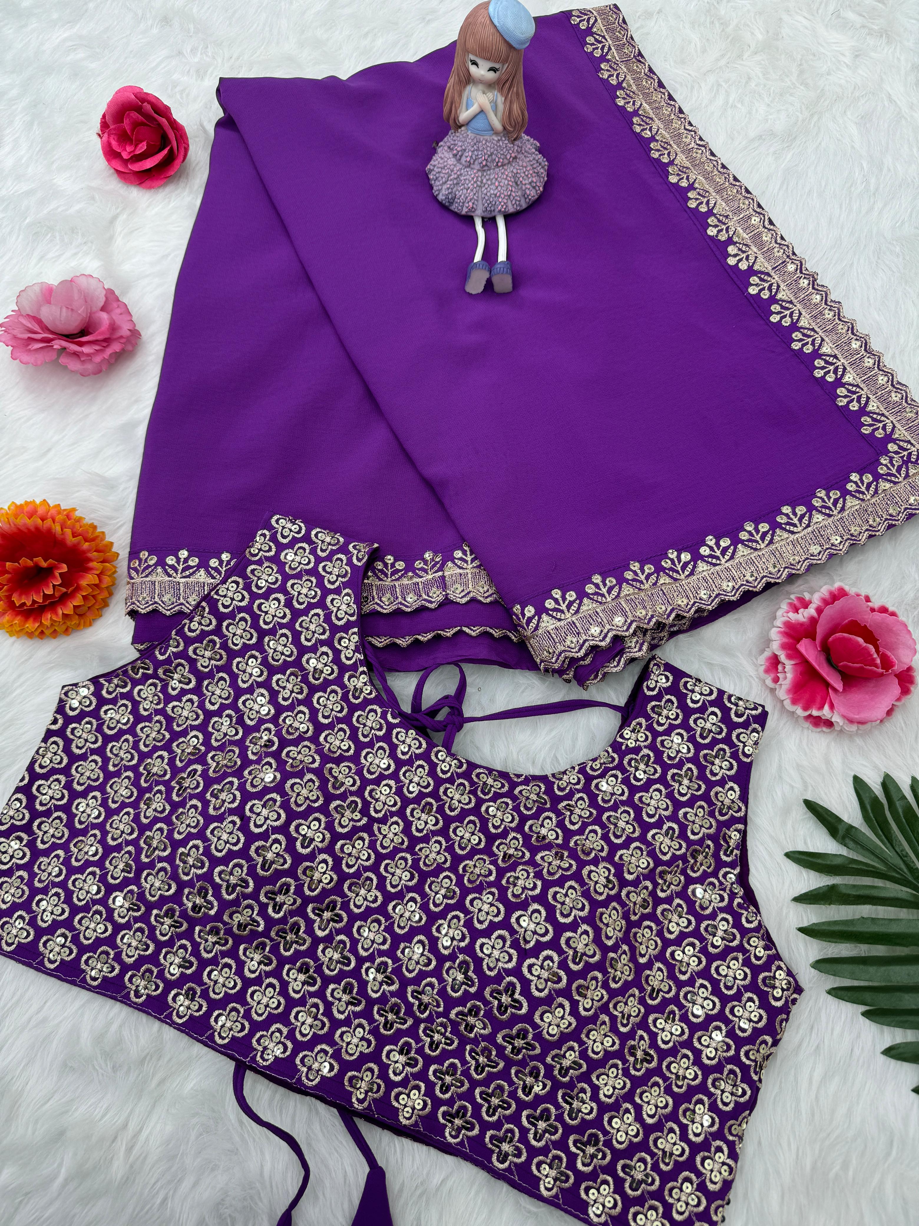 Celebrity Style Purple Lace Border Saree With Heavy Blouse