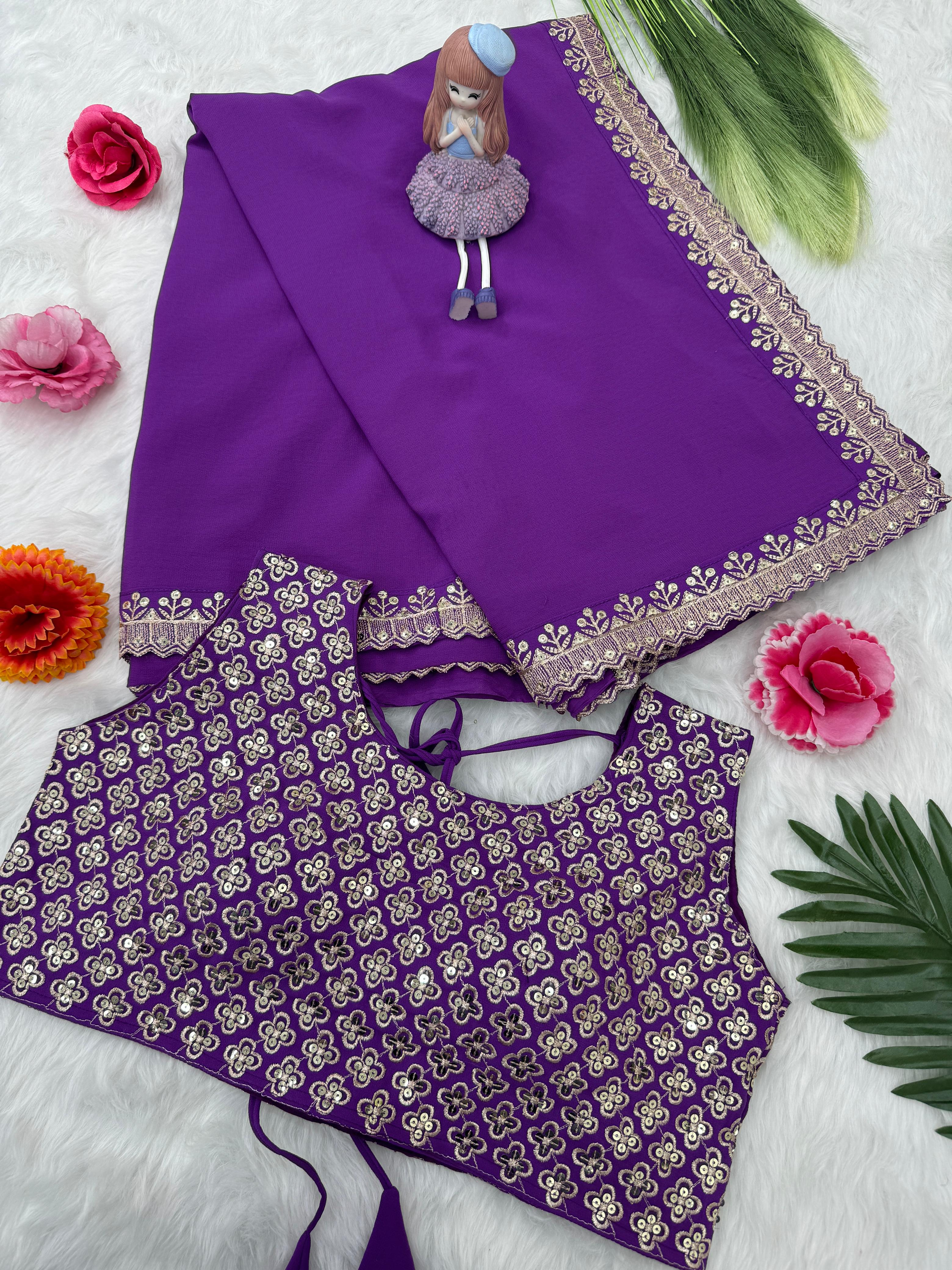 Celebrity Style Purple Lace Border Saree With Heavy Blouse