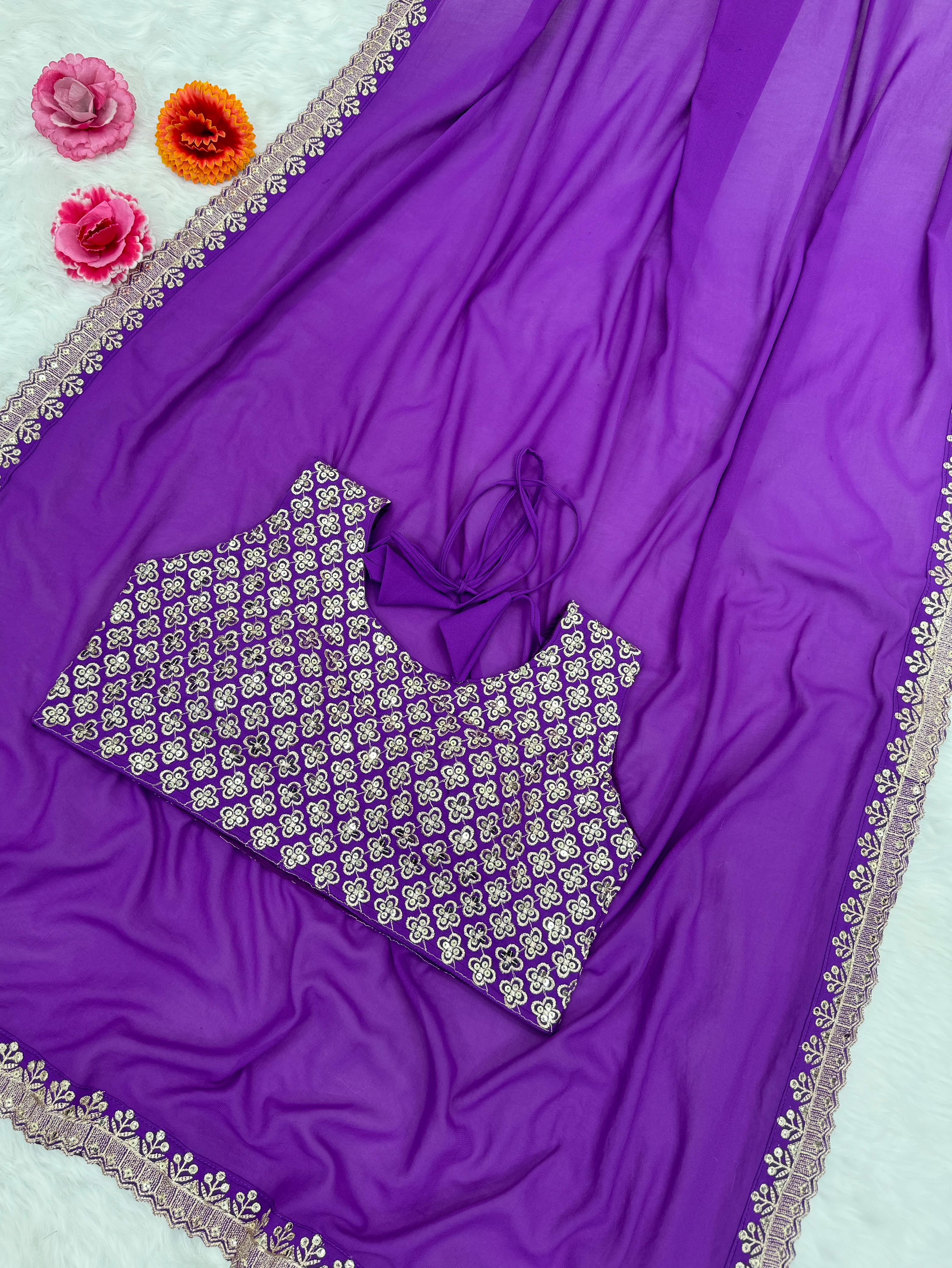 Celebrity Style Purple Lace Border Saree With Heavy Blouse