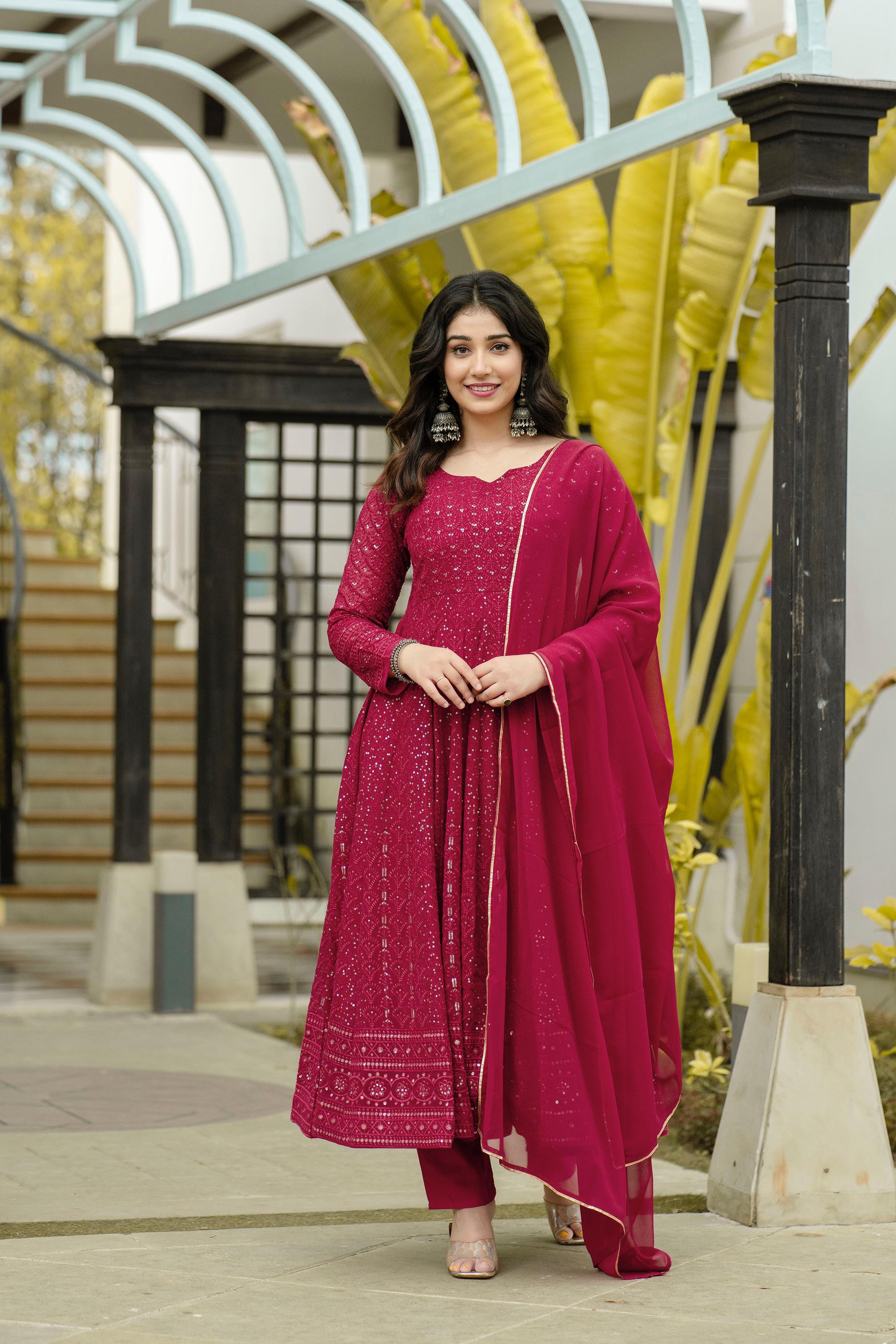 Function Wear Red Color All Over Embroidery Work Gown