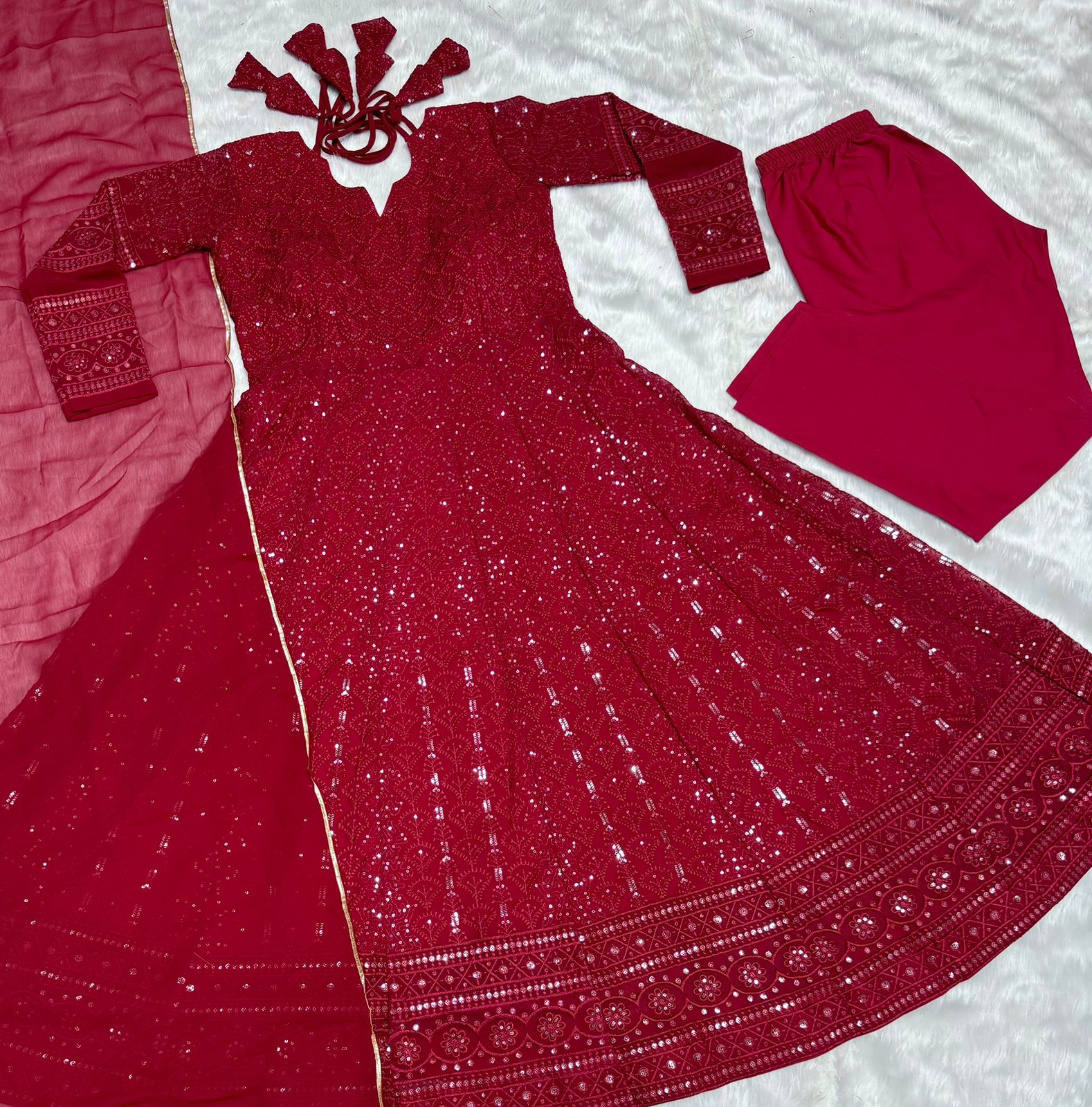 Function Wear Red Color All Over Embroidery Work Gown