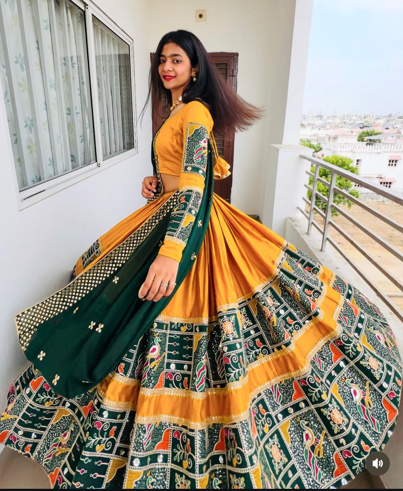 Festive Wear Digital Print Orange With Green Lehenga Choli