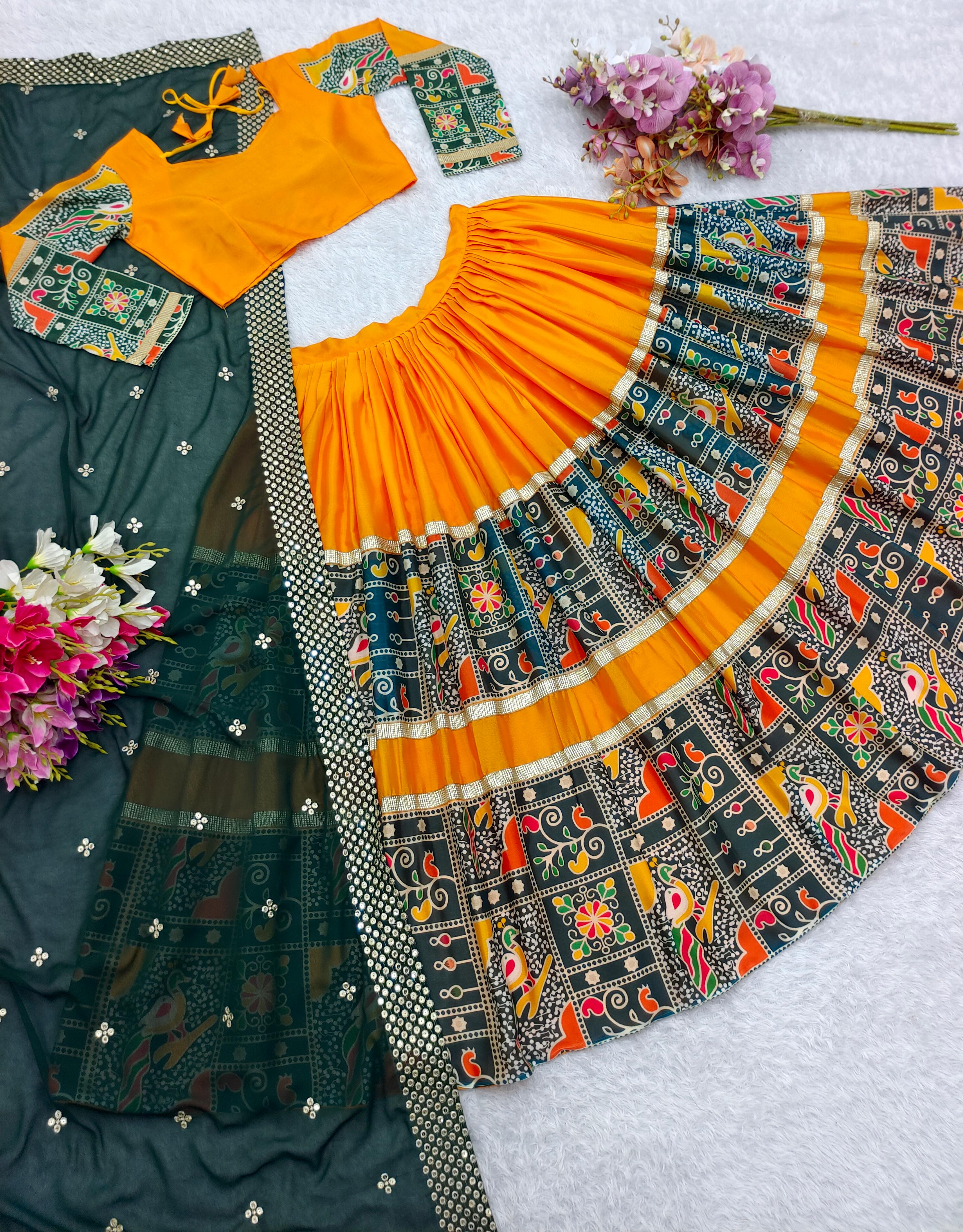 Festive Wear Digital Print Orange With Green Lehenga Choli