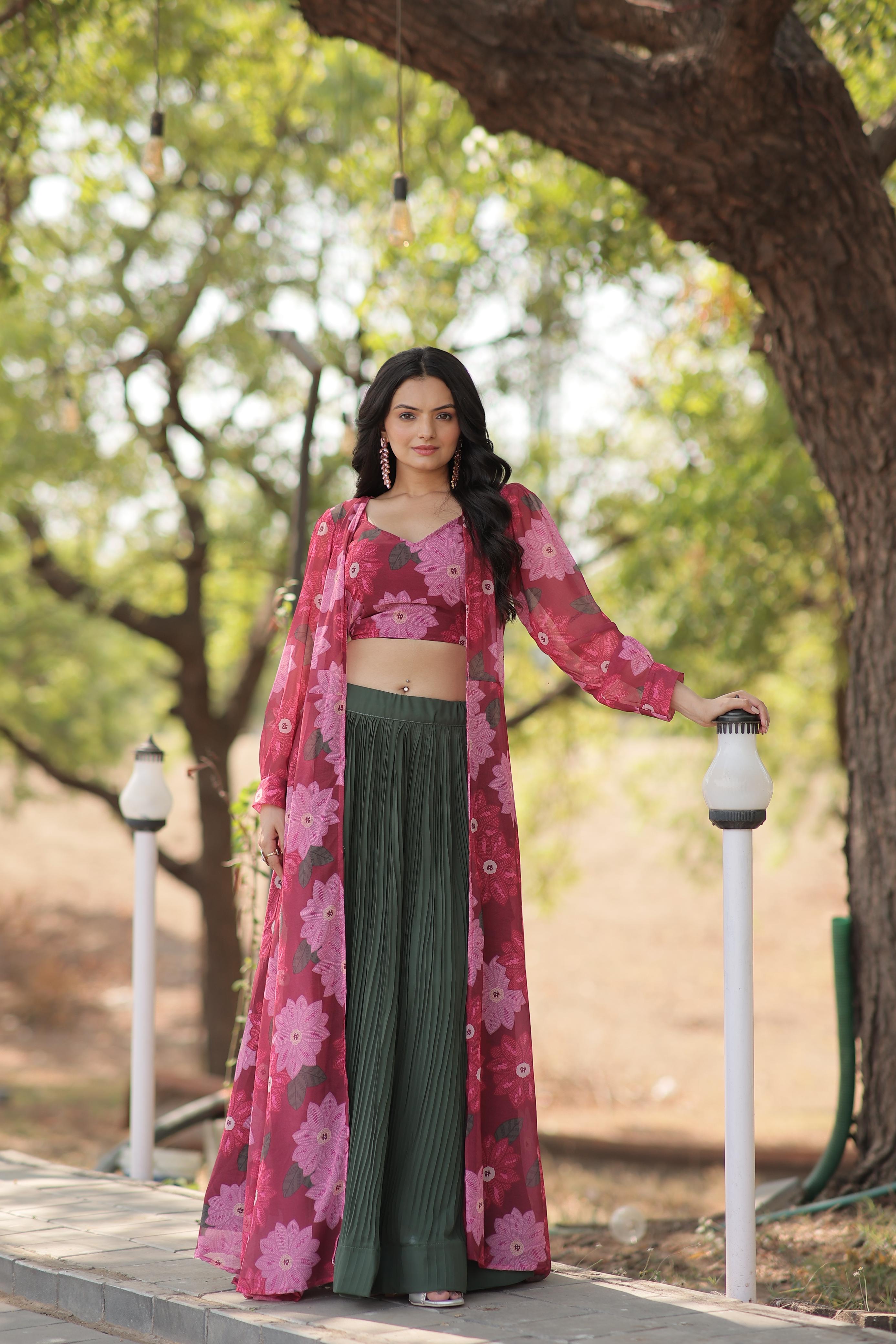 Crush Green Lehenga With Pink Flower Print Blouse and Shrug