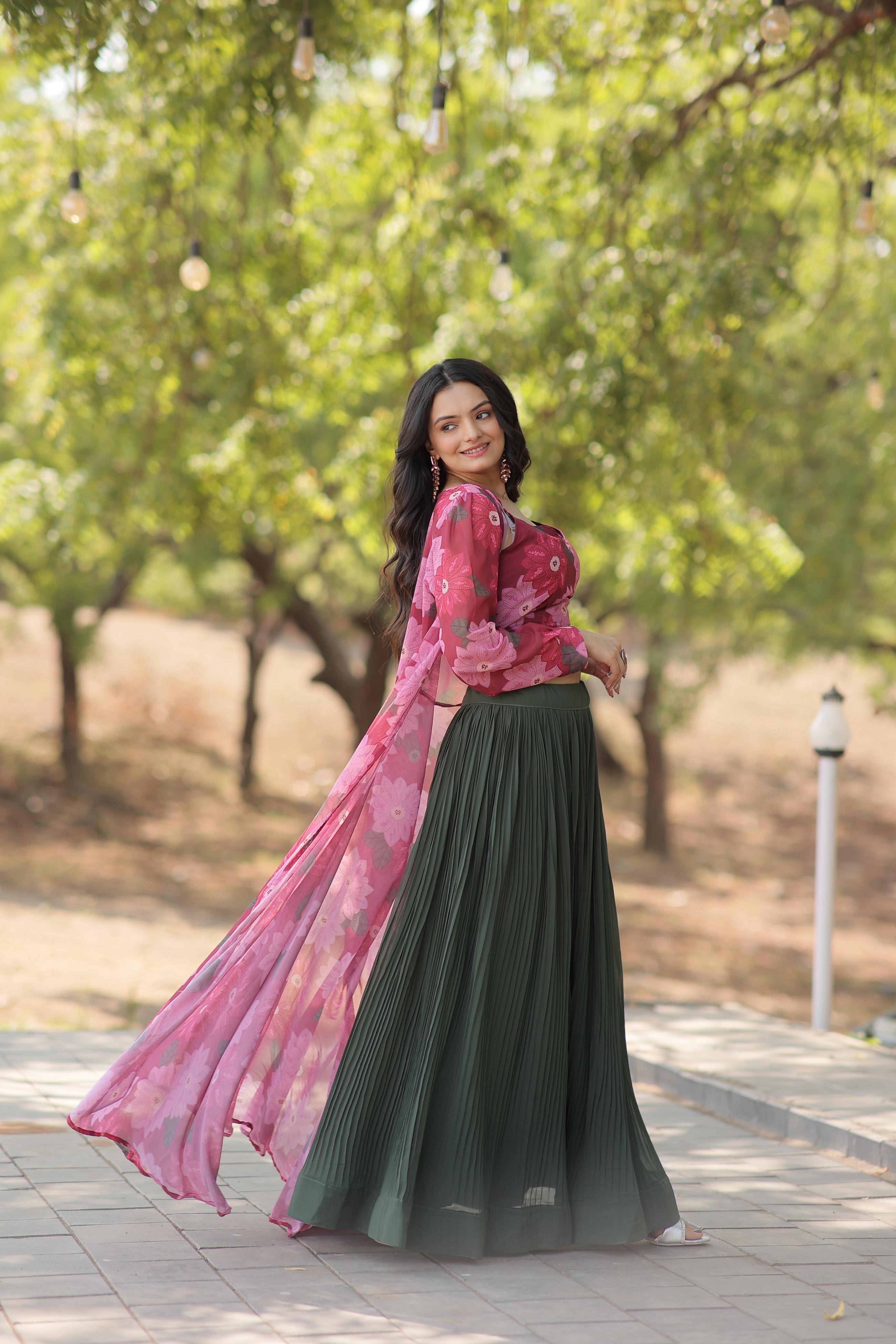 Crush Green Lehenga With Pink Flower Print Blouse and Shrug