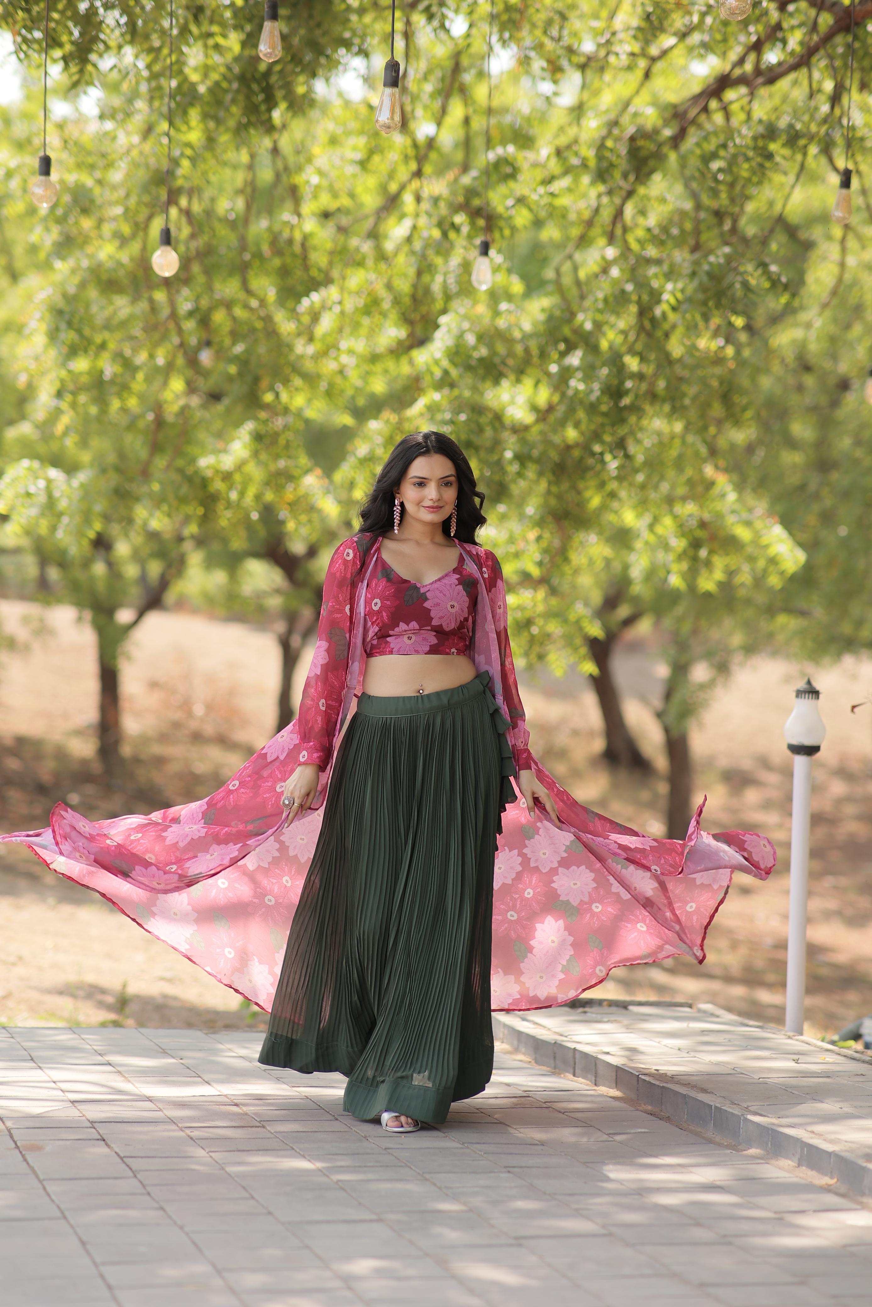 Crush Green Lehenga With Pink Flower Print Blouse and Shrug