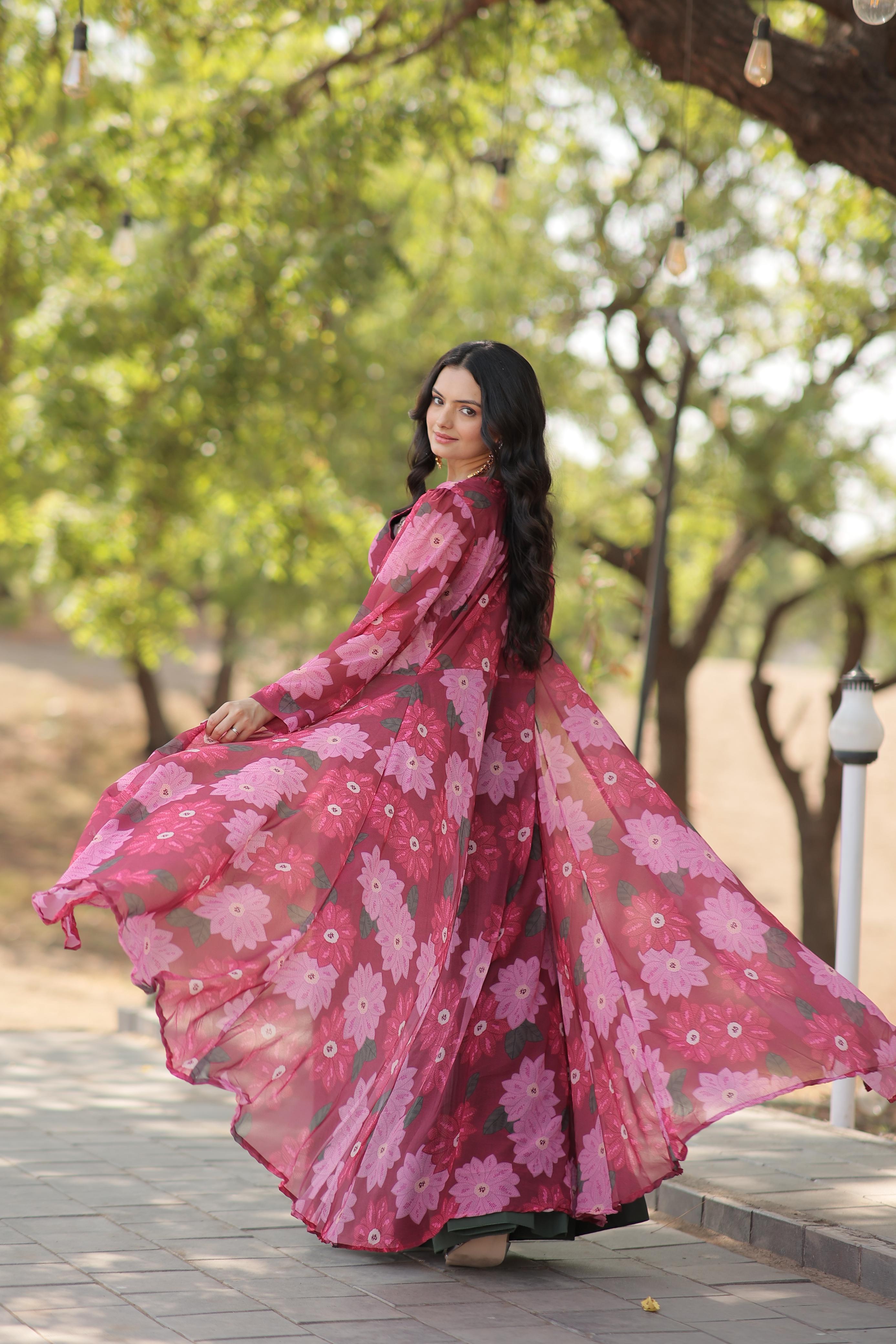 Crush Green Lehenga With Pink Flower Print Blouse and Shrug