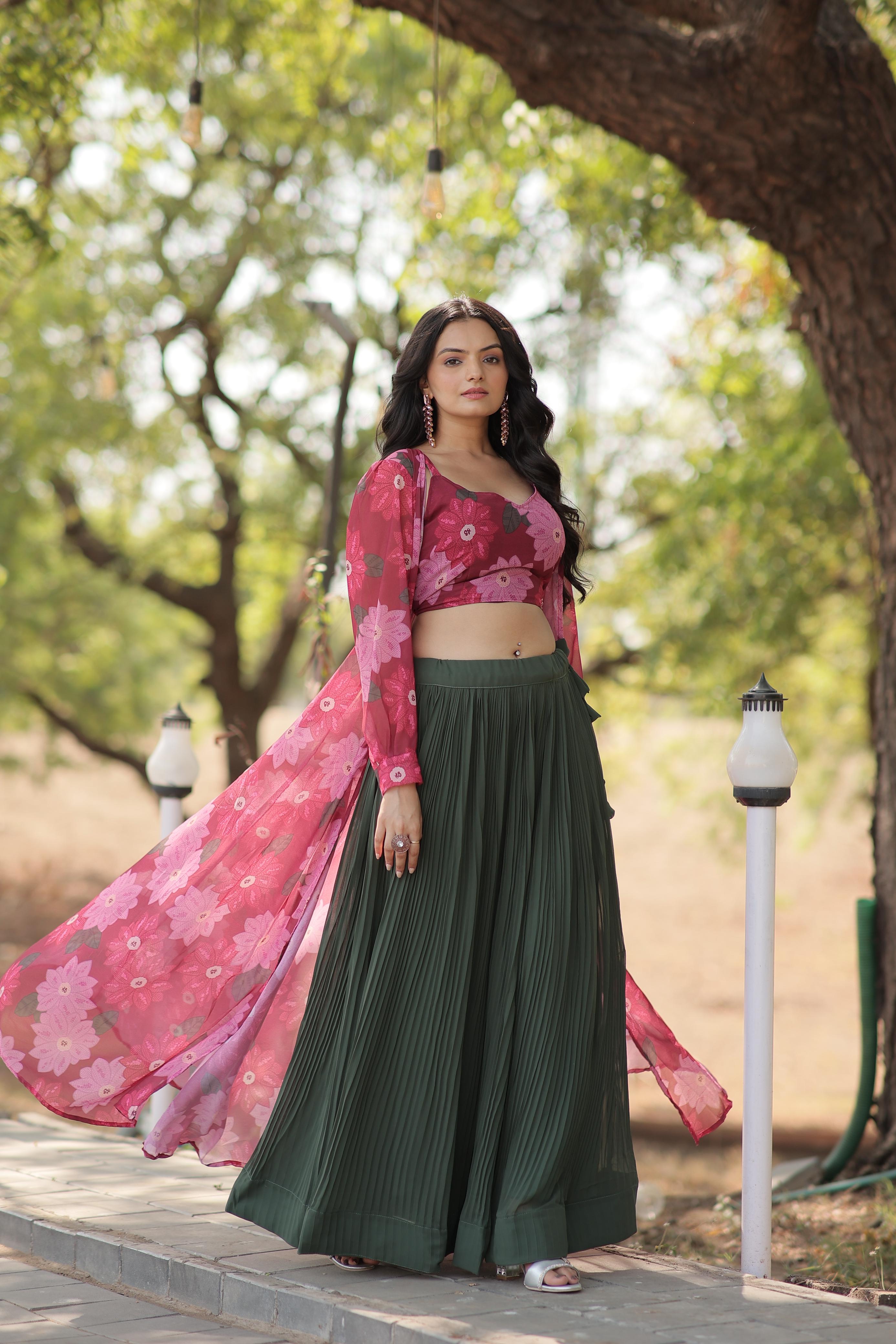 Crush Green Lehenga With Pink Flower Print Blouse and Shrug