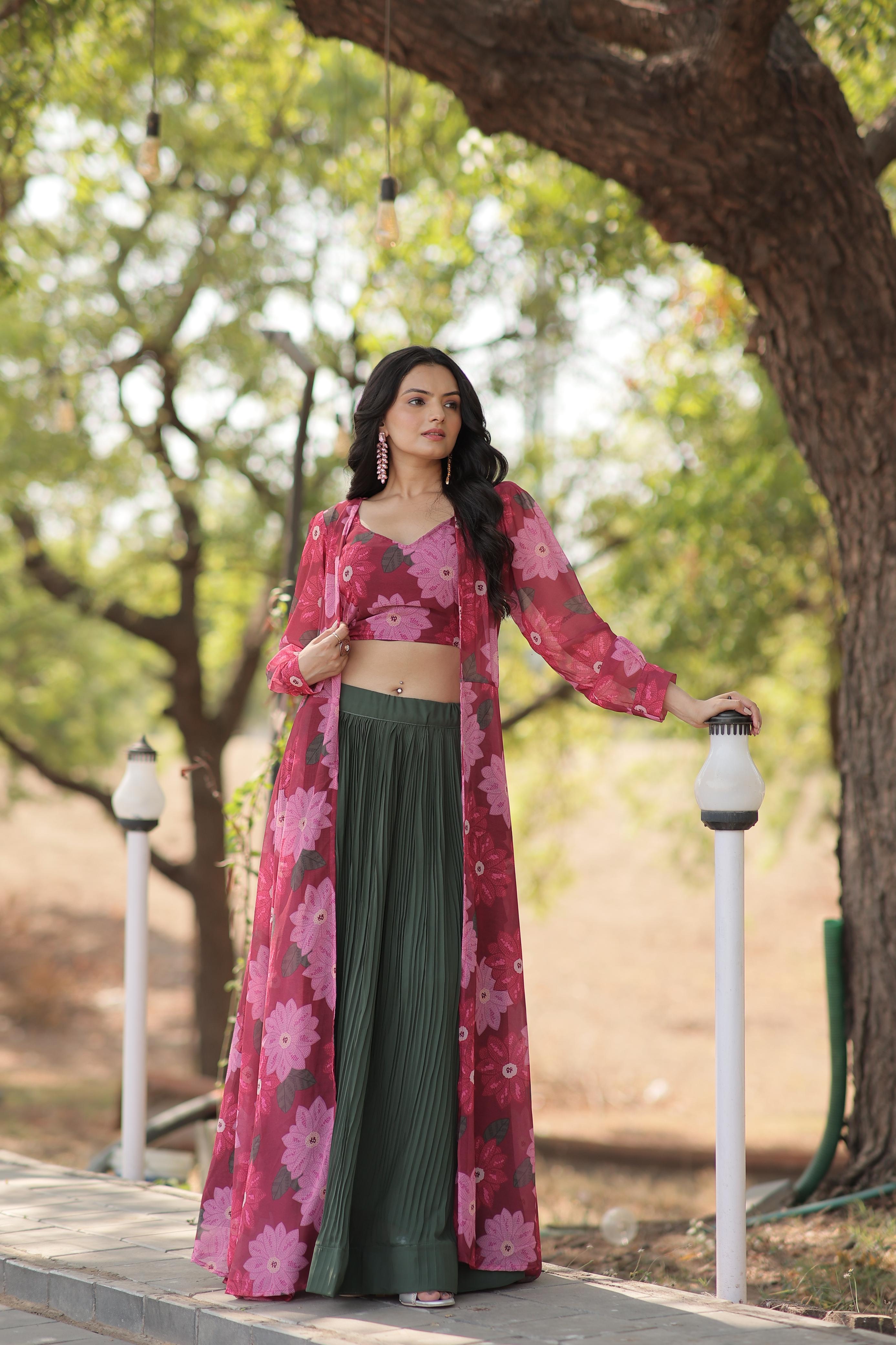 Crush Green Lehenga With Pink Flower Print Blouse and Shrug