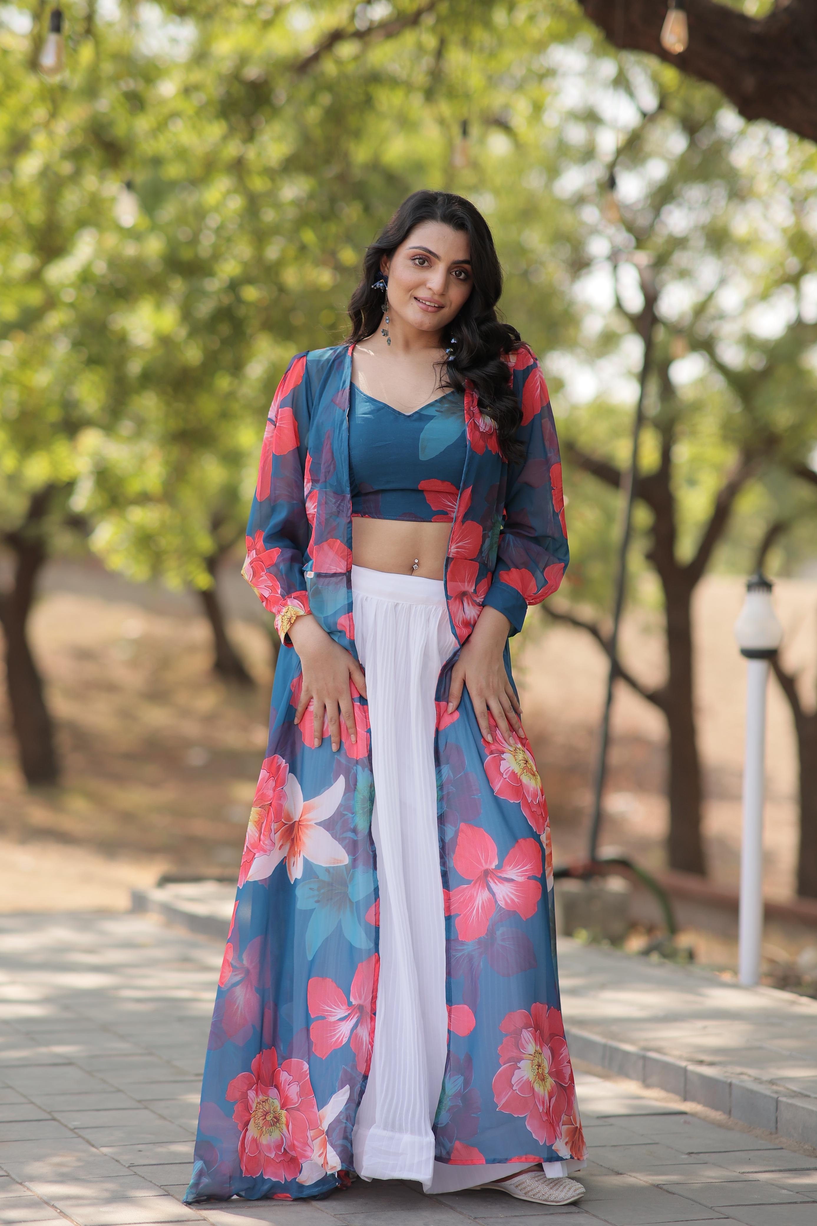 Crush White Lehenga With Blue Flower Print Blouse and Shrug