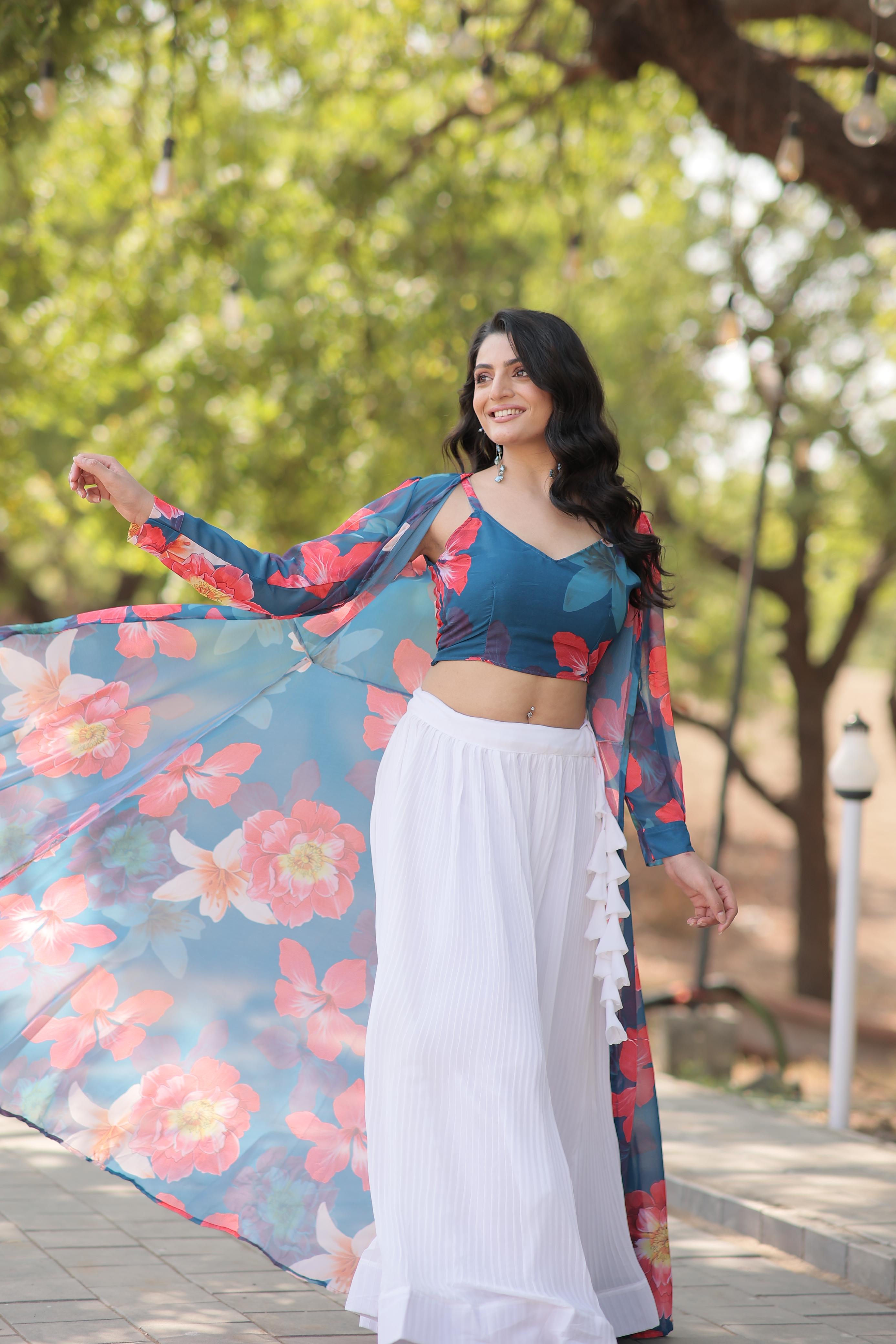 Crush White Lehenga With Blue Flower Print Blouse and Shrug