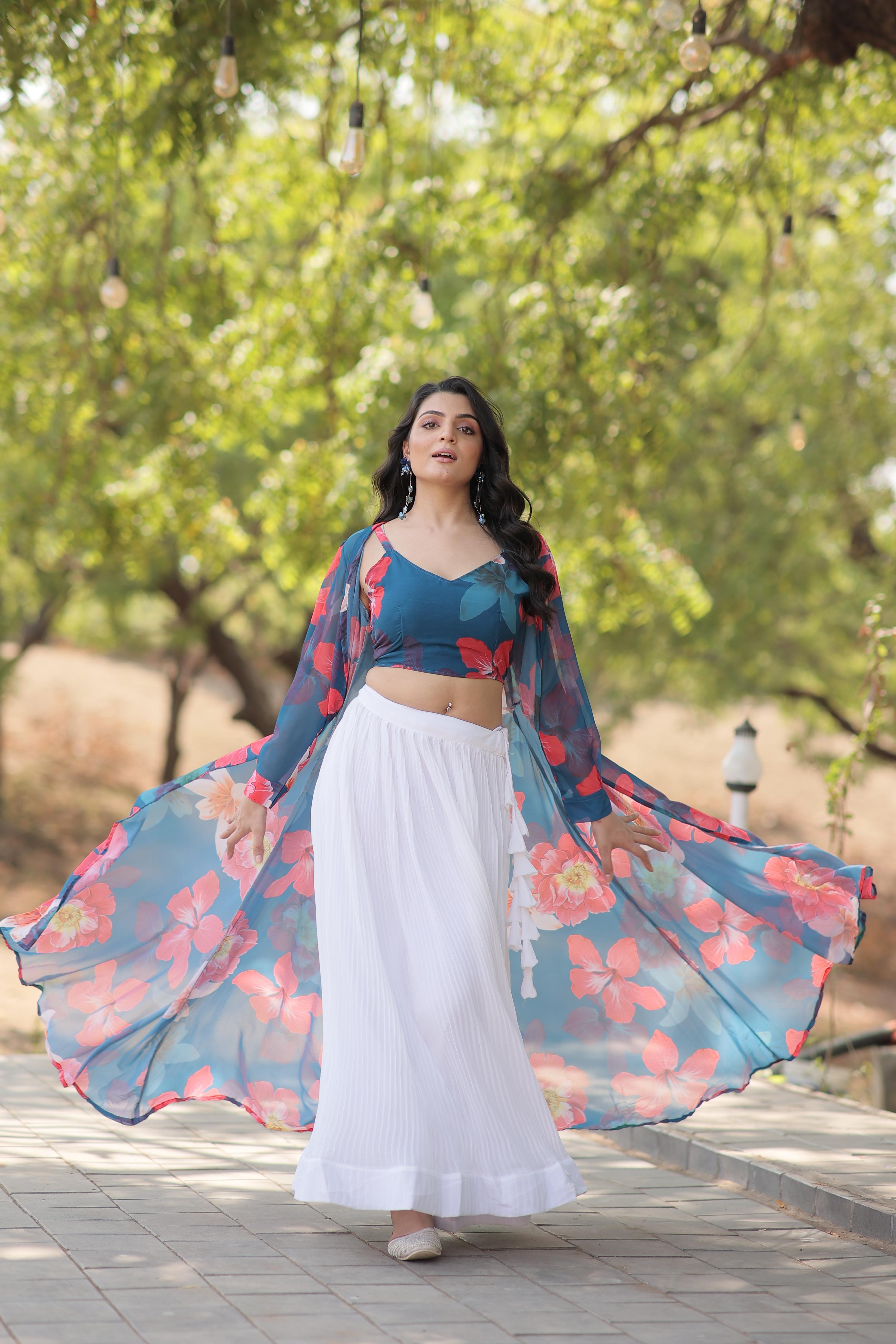 Crush White Lehenga With Blue Flower Print Blouse and Shrug