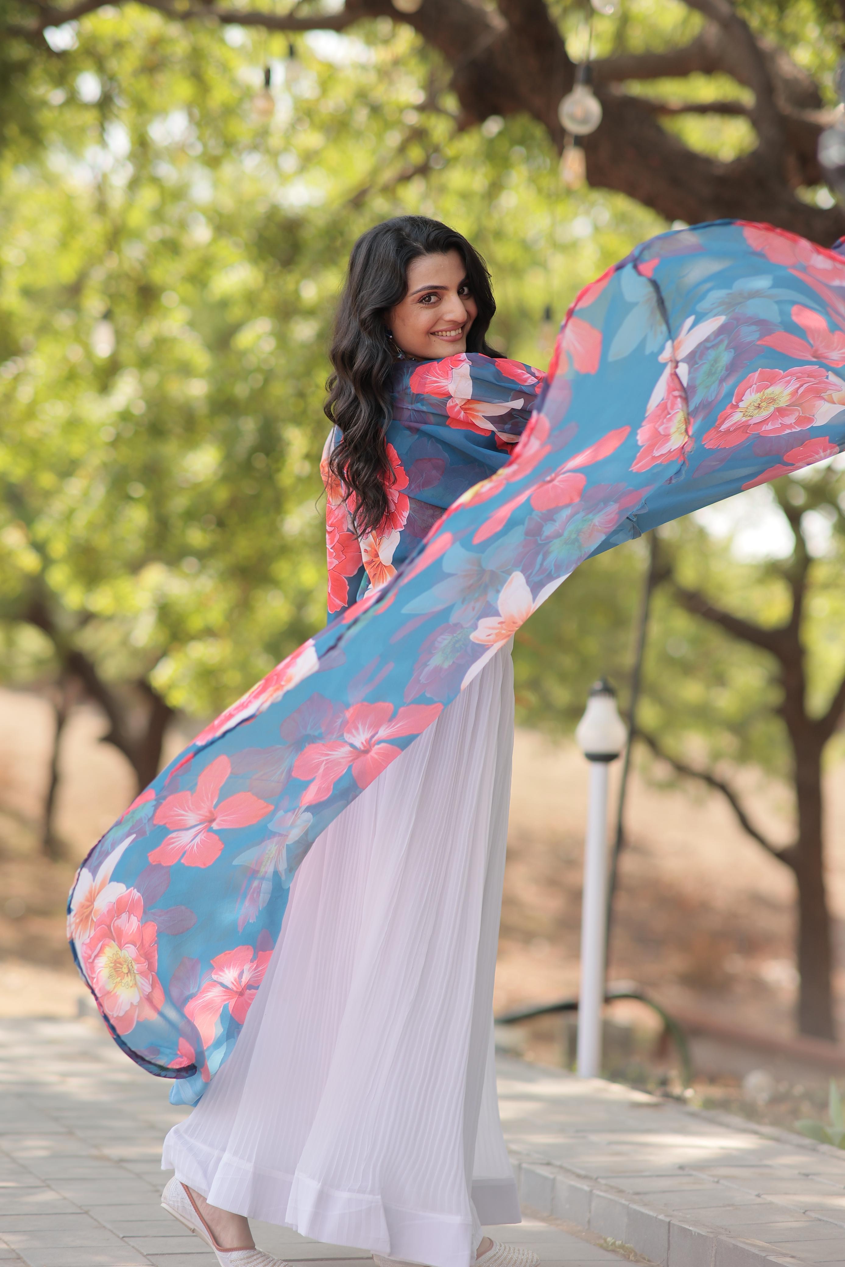 Crush White Lehenga With Blue Flower Print Blouse and Shrug