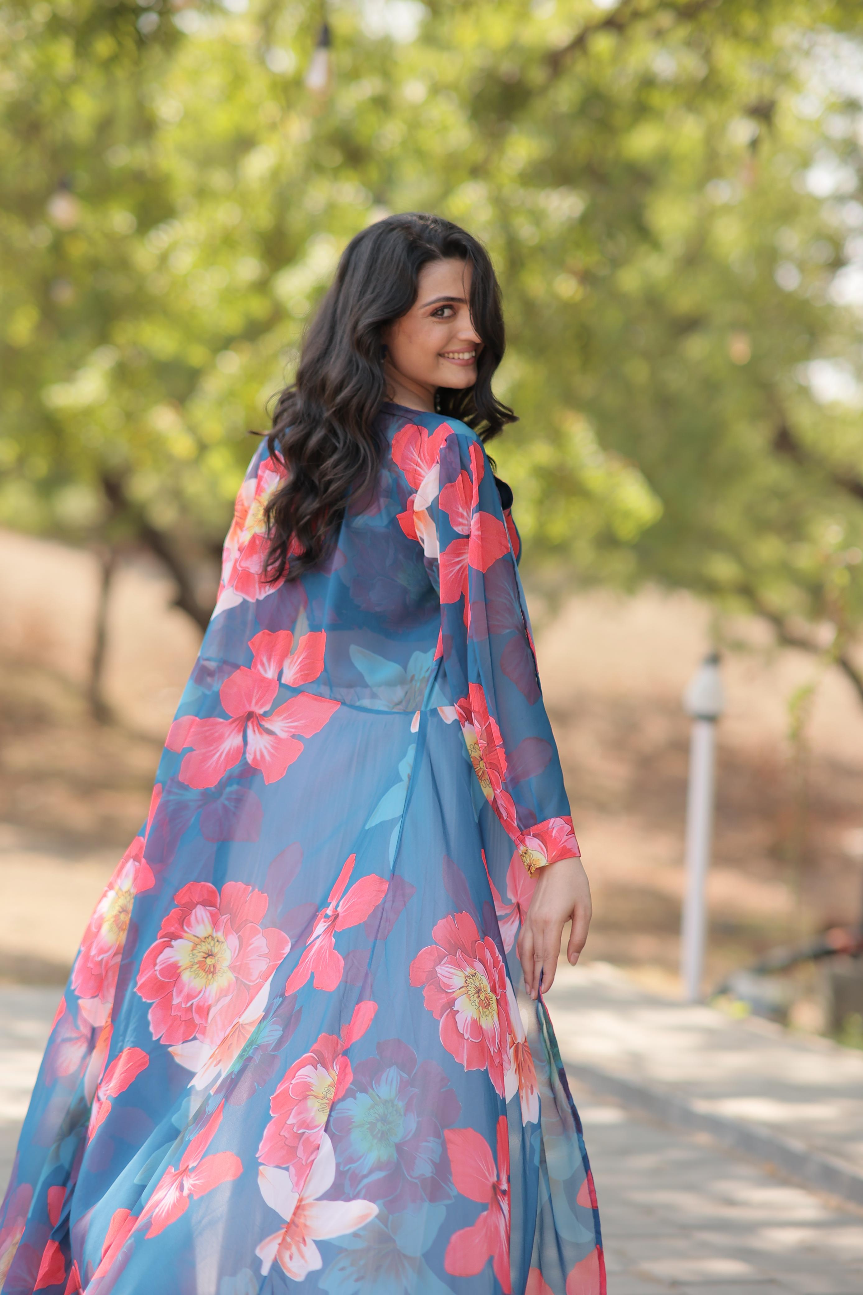 Crush White Lehenga With Blue Flower Print Blouse and Shrug