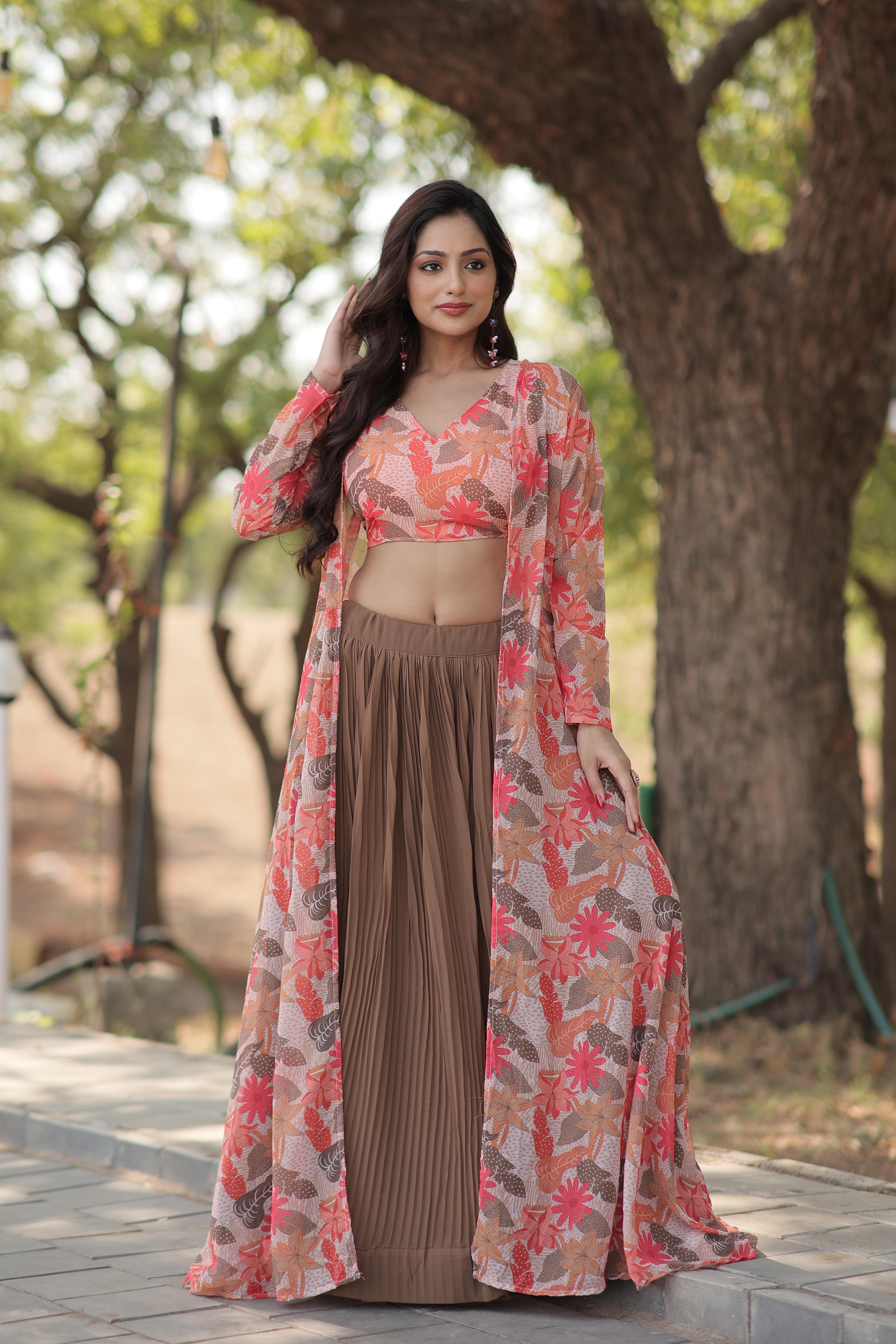 Crush Beige Lehenga With Peach Flower Print Blouse and Shrug