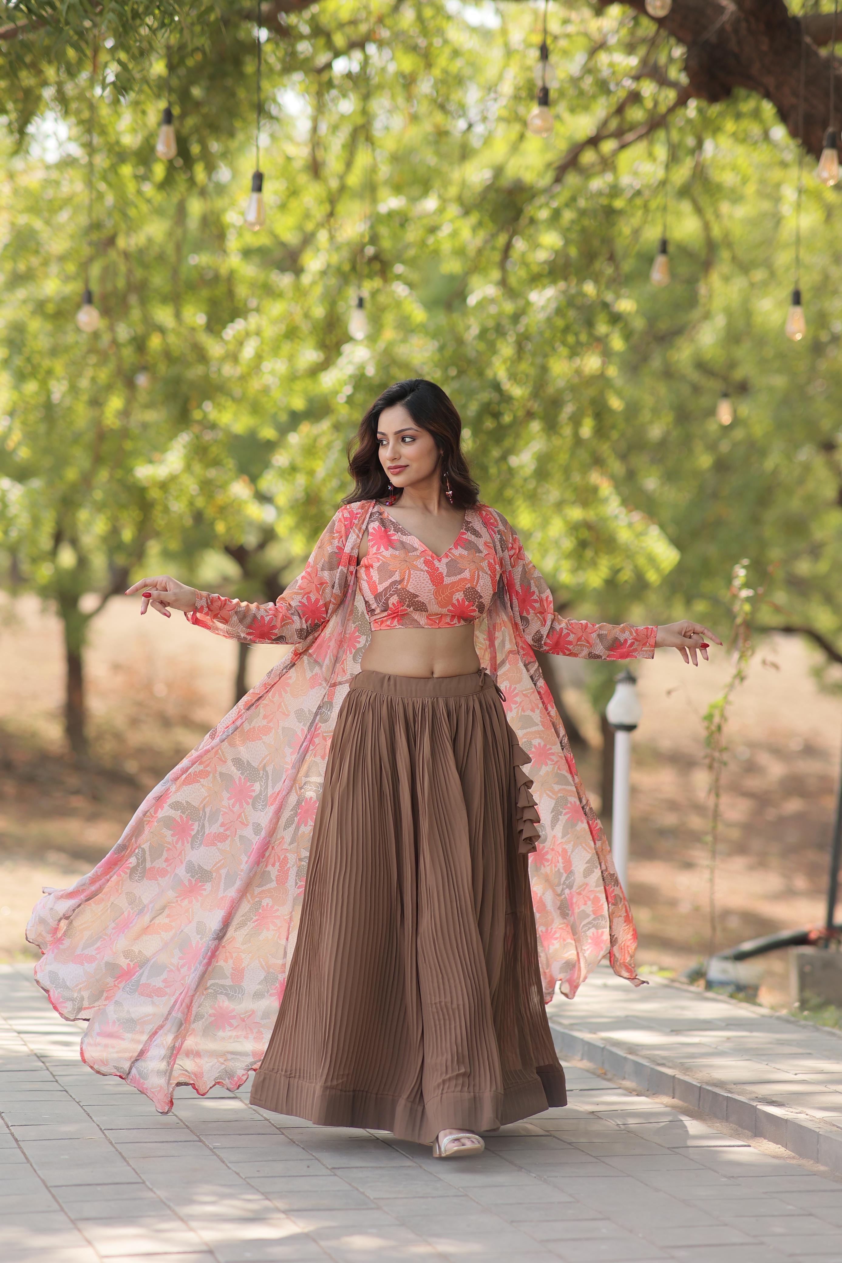 Crush Beige Lehenga With Peach Flower Print Blouse and Shrug