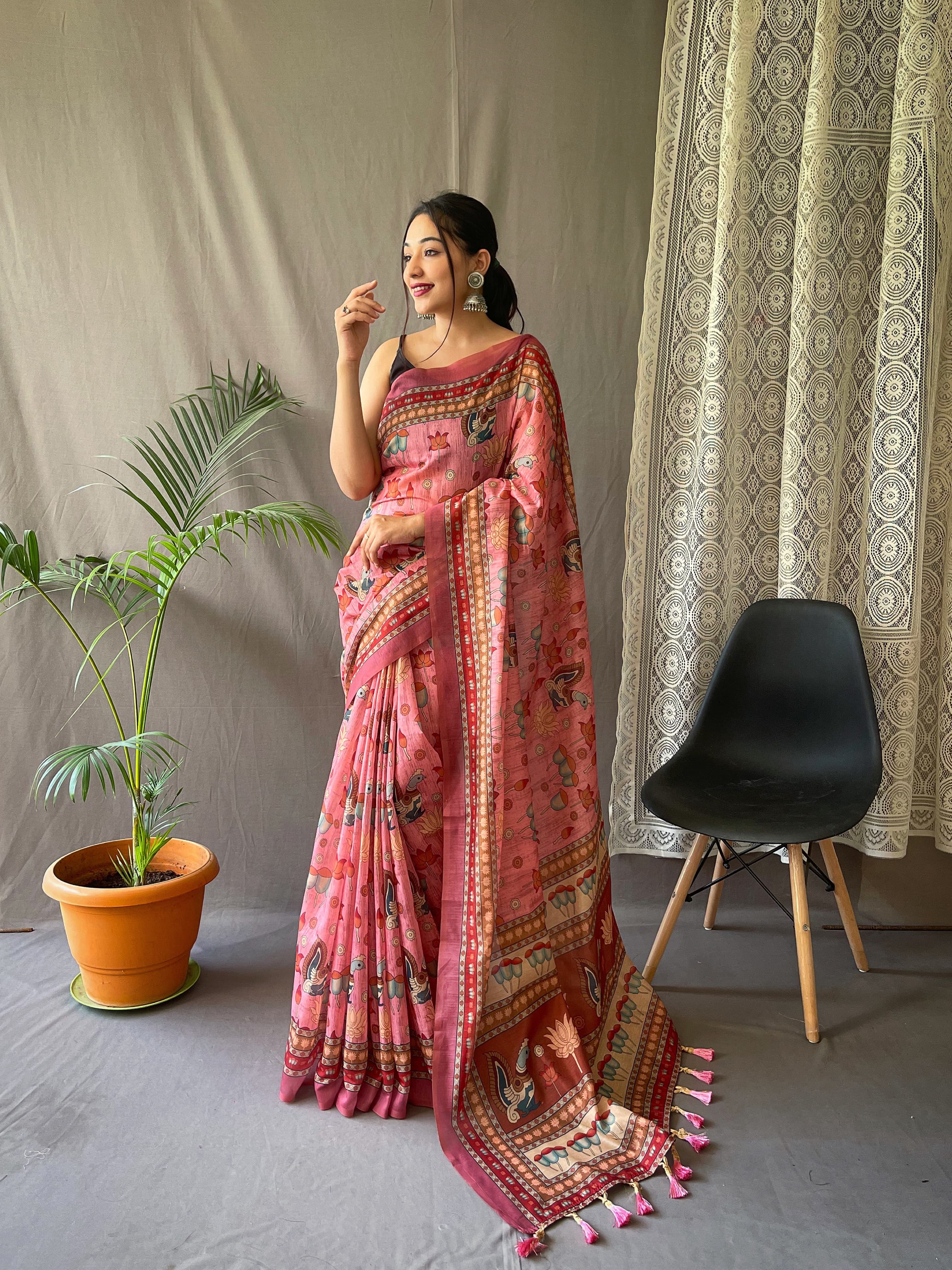 Multi Digital Kalamkari Print Pink Color Cotton Saree