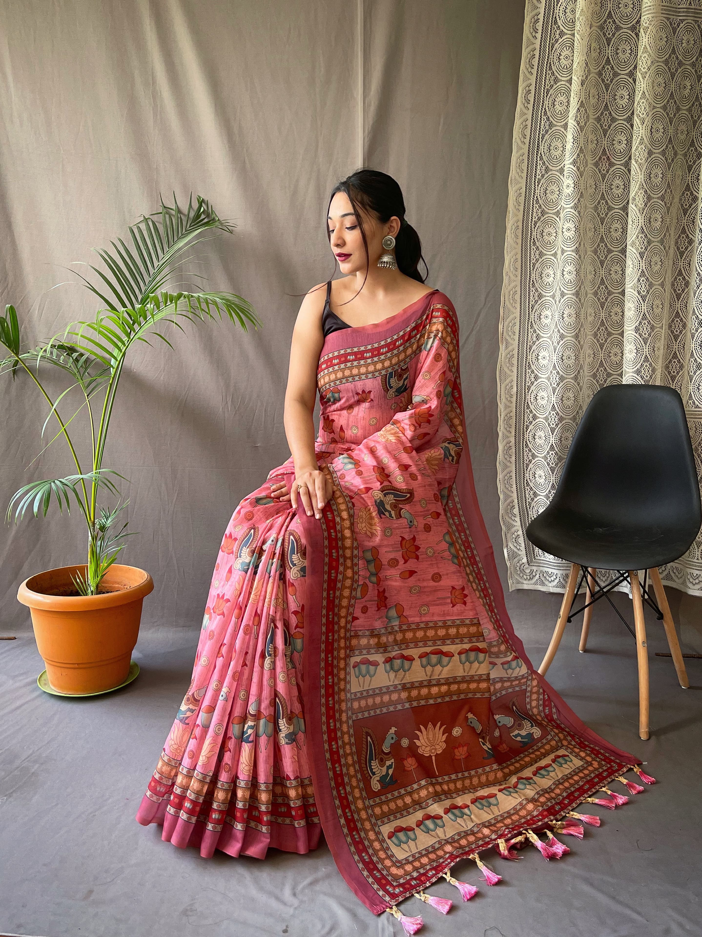 Multi Digital Kalamkari Print Pink Color Cotton Saree