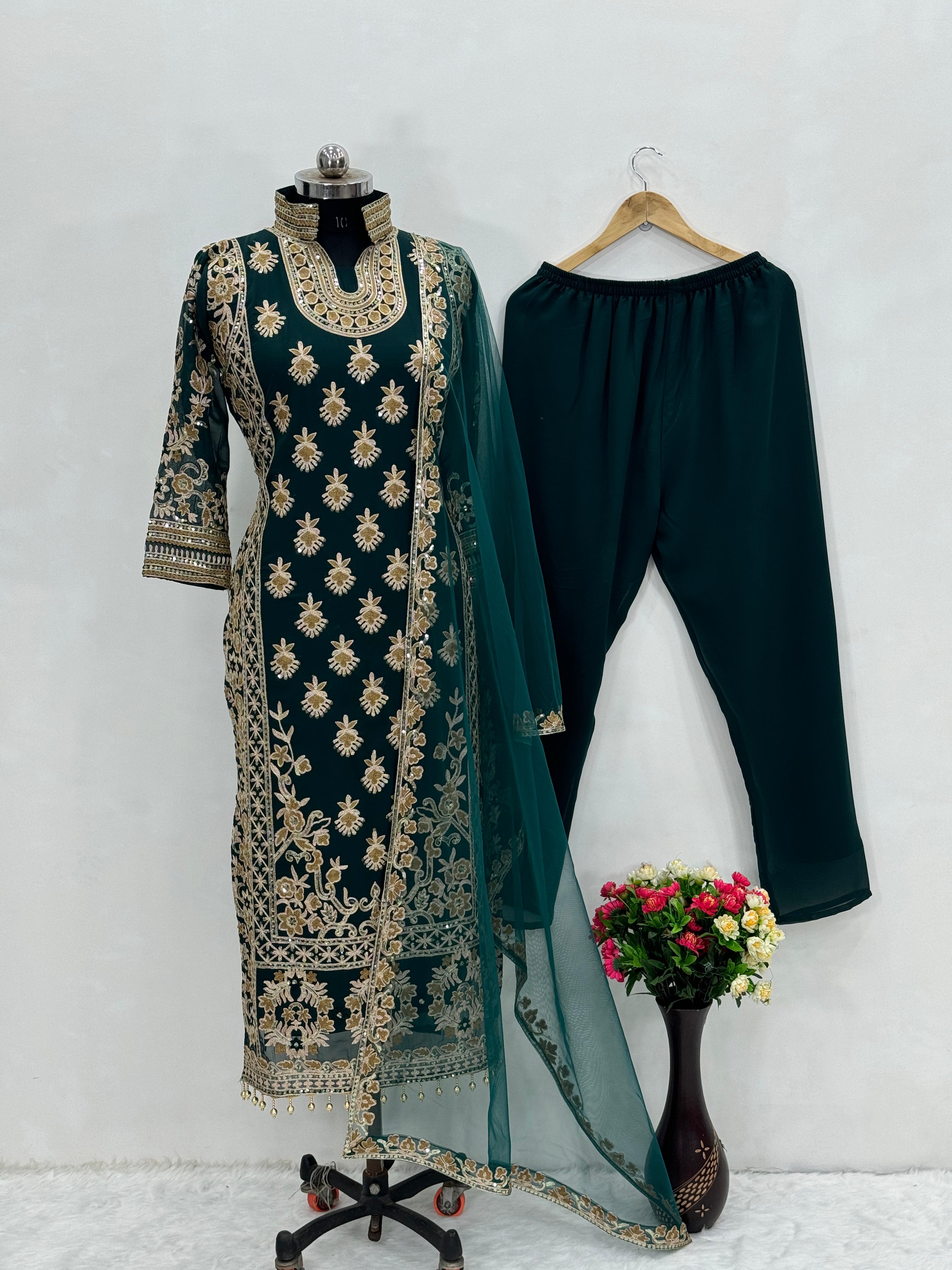 Decent Heavy Full Sequence Work Dark Green Kurti Set