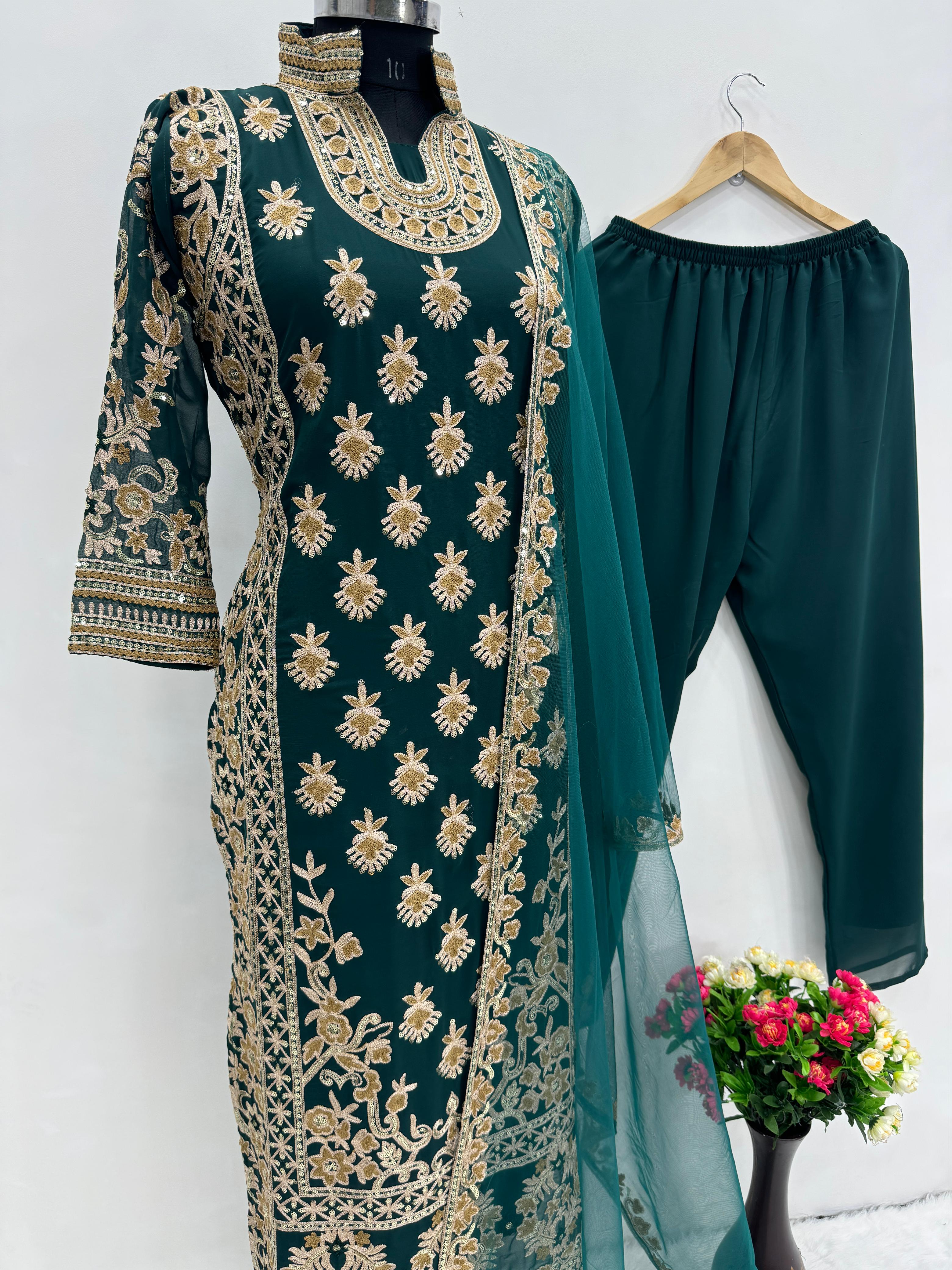 Decent Heavy Full Sequence Work Dark Green Kurti Set