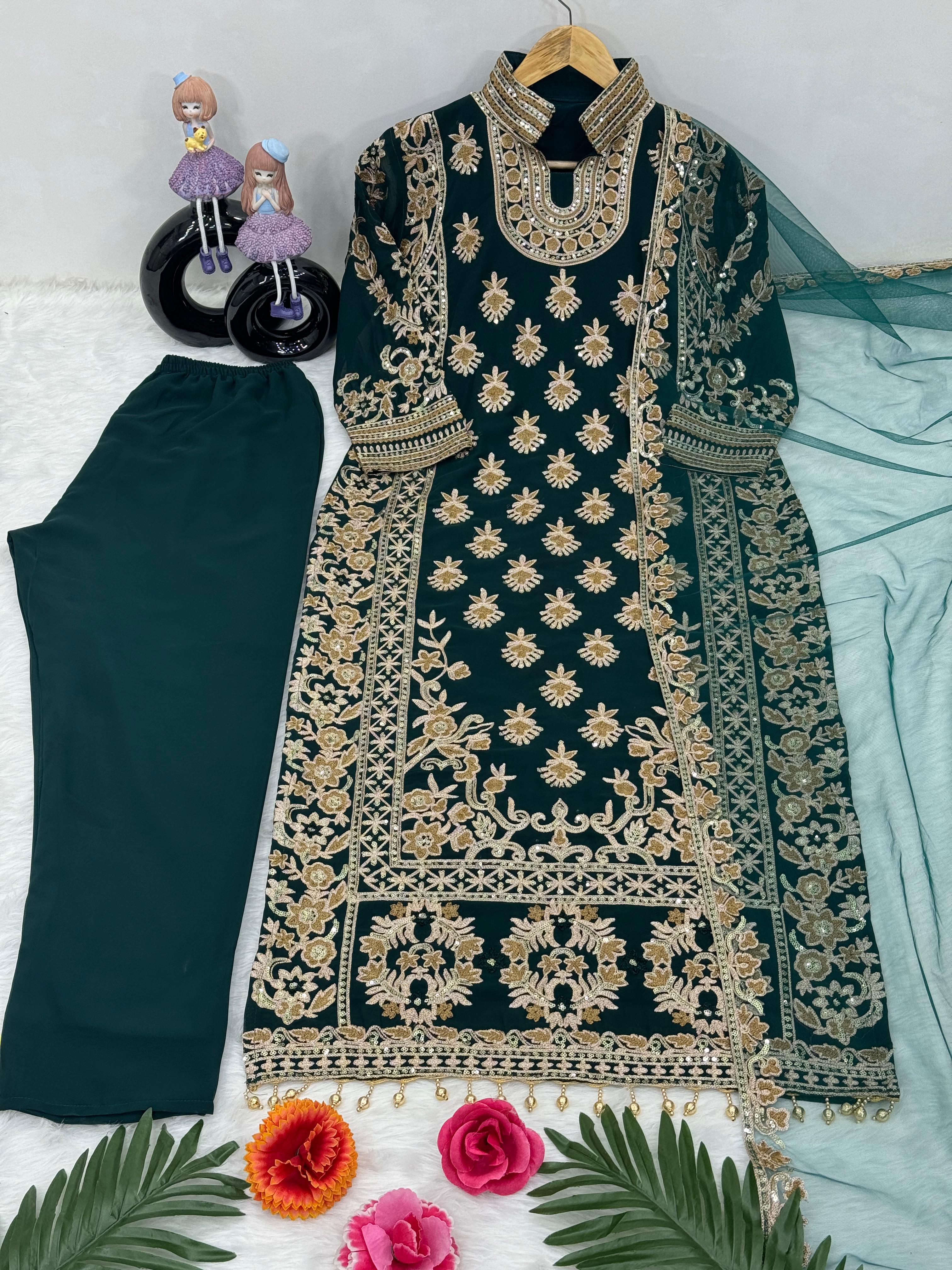 Decent Heavy Full Sequence Work Dark Green Kurti Set