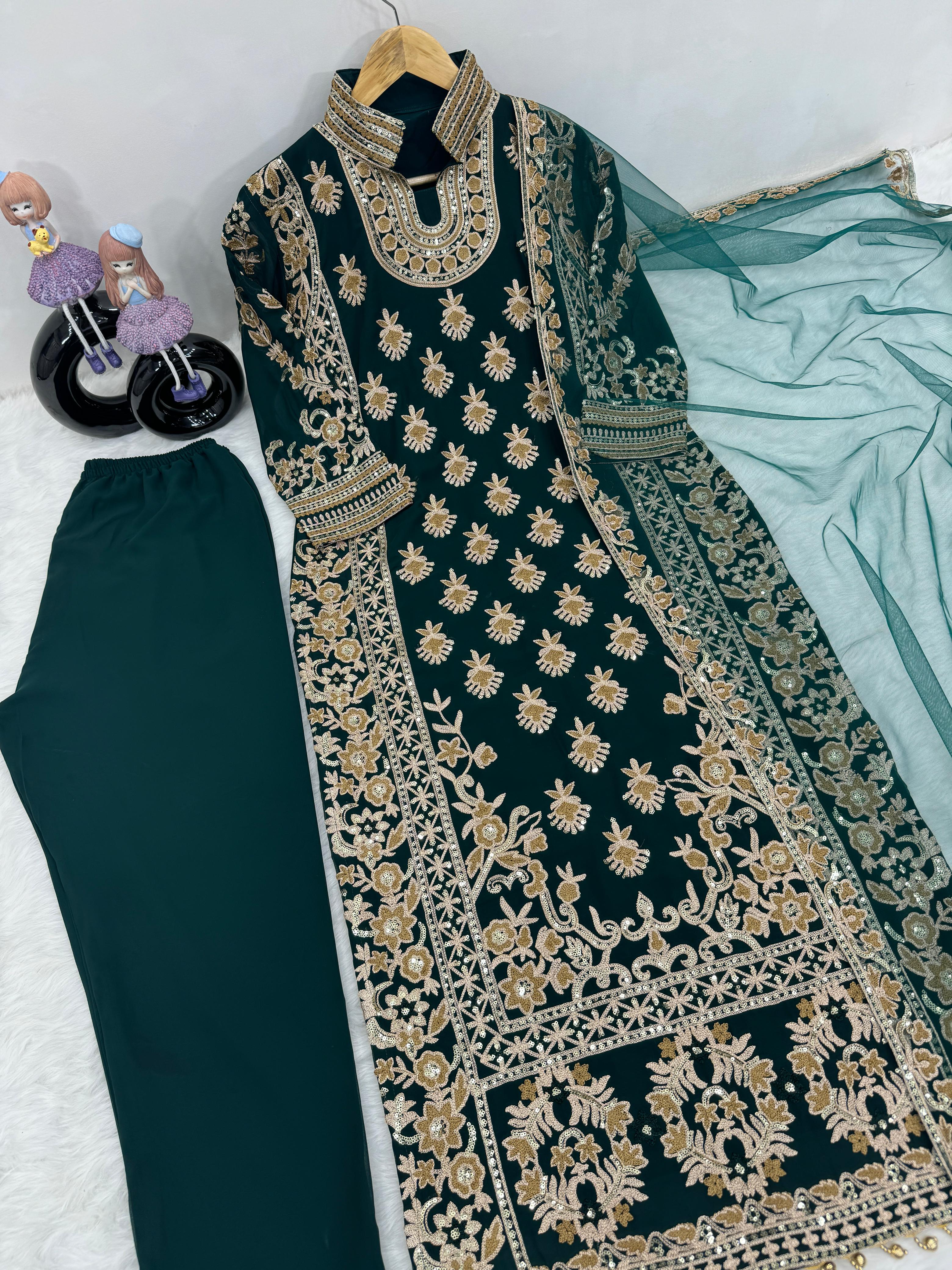 Decent Heavy Full Sequence Work Dark Green Kurti Set