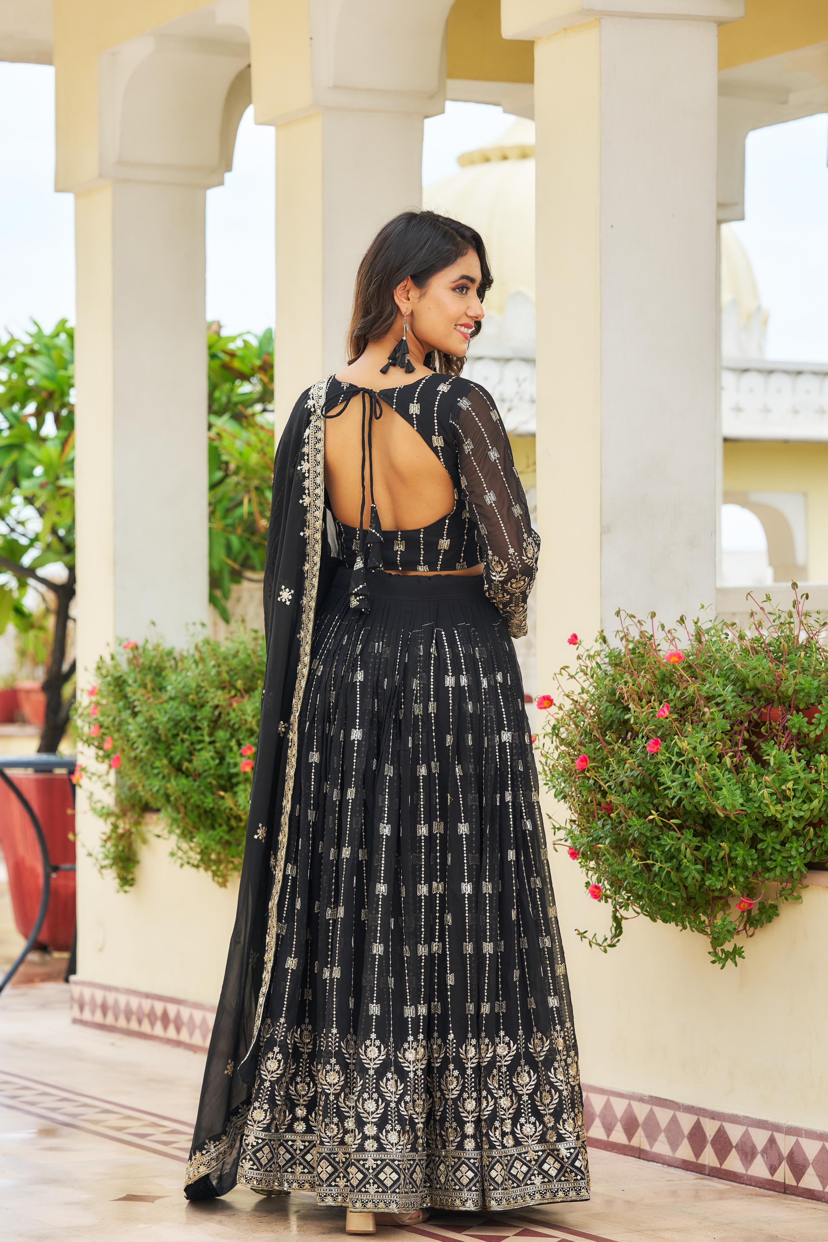 Heavy Embroidery Sequence Work Black Lehenga Choli