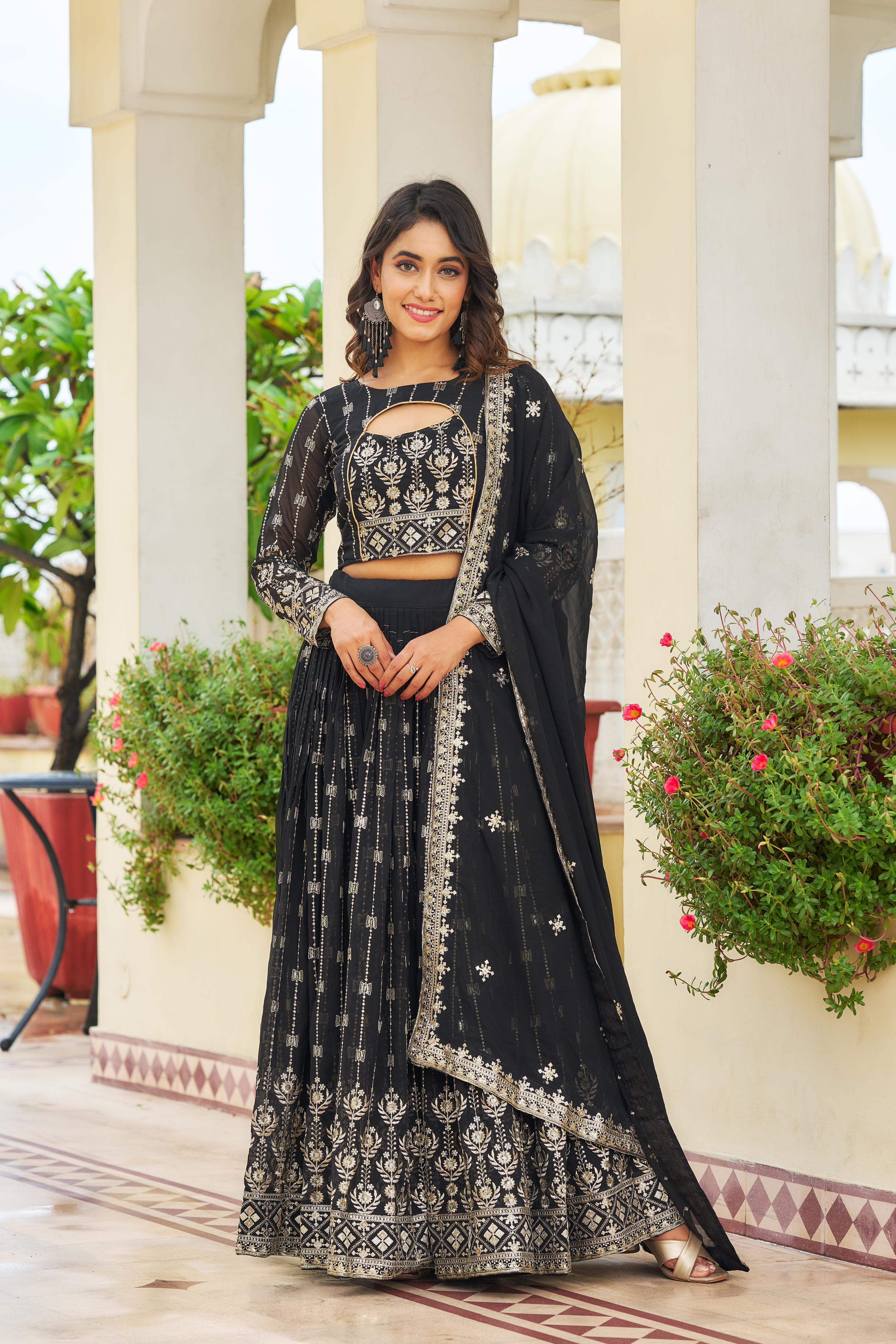 Heavy Embroidery Sequence Work Black Lehenga Choli