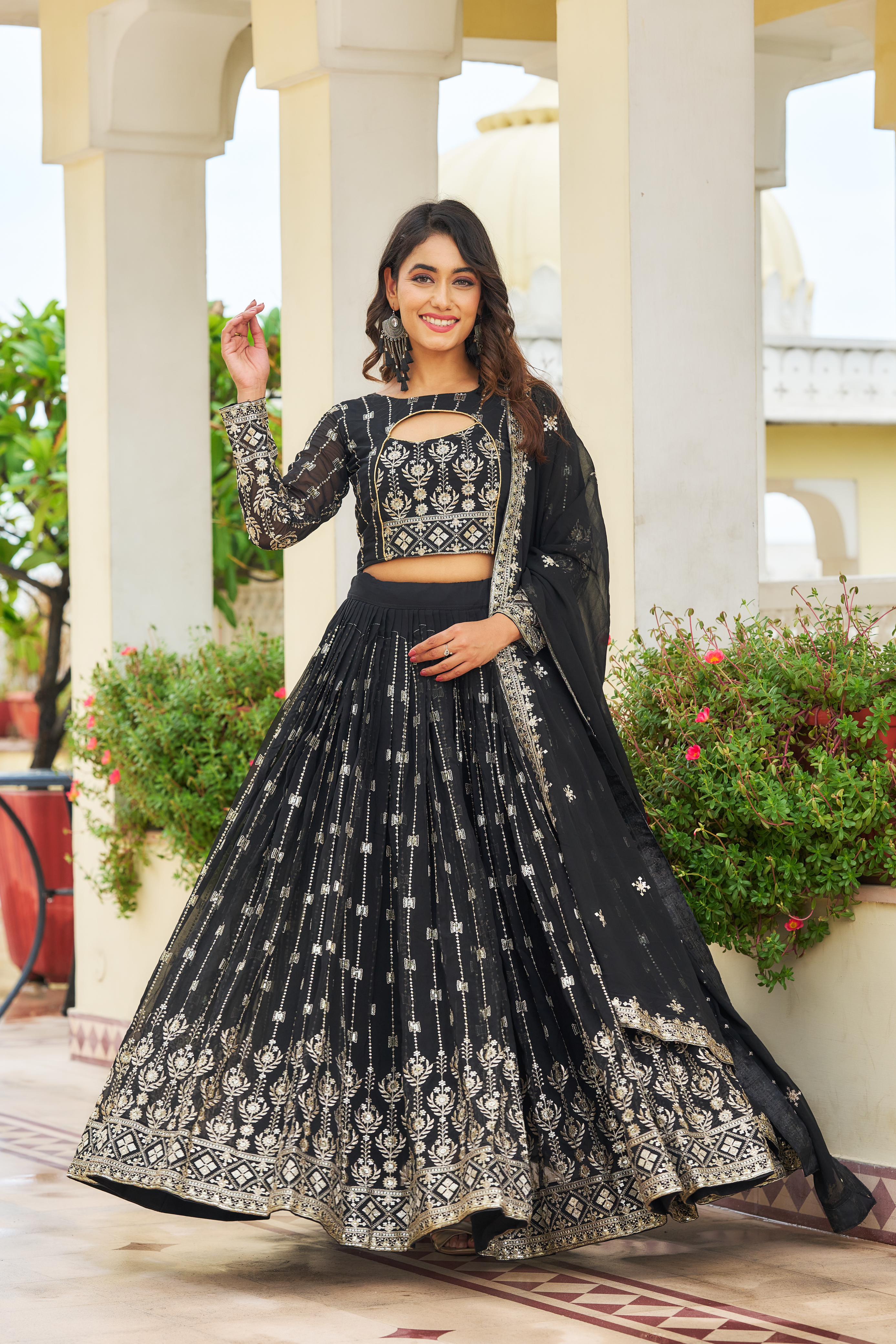 Heavy Embroidery Sequence Work Black Lehenga Choli