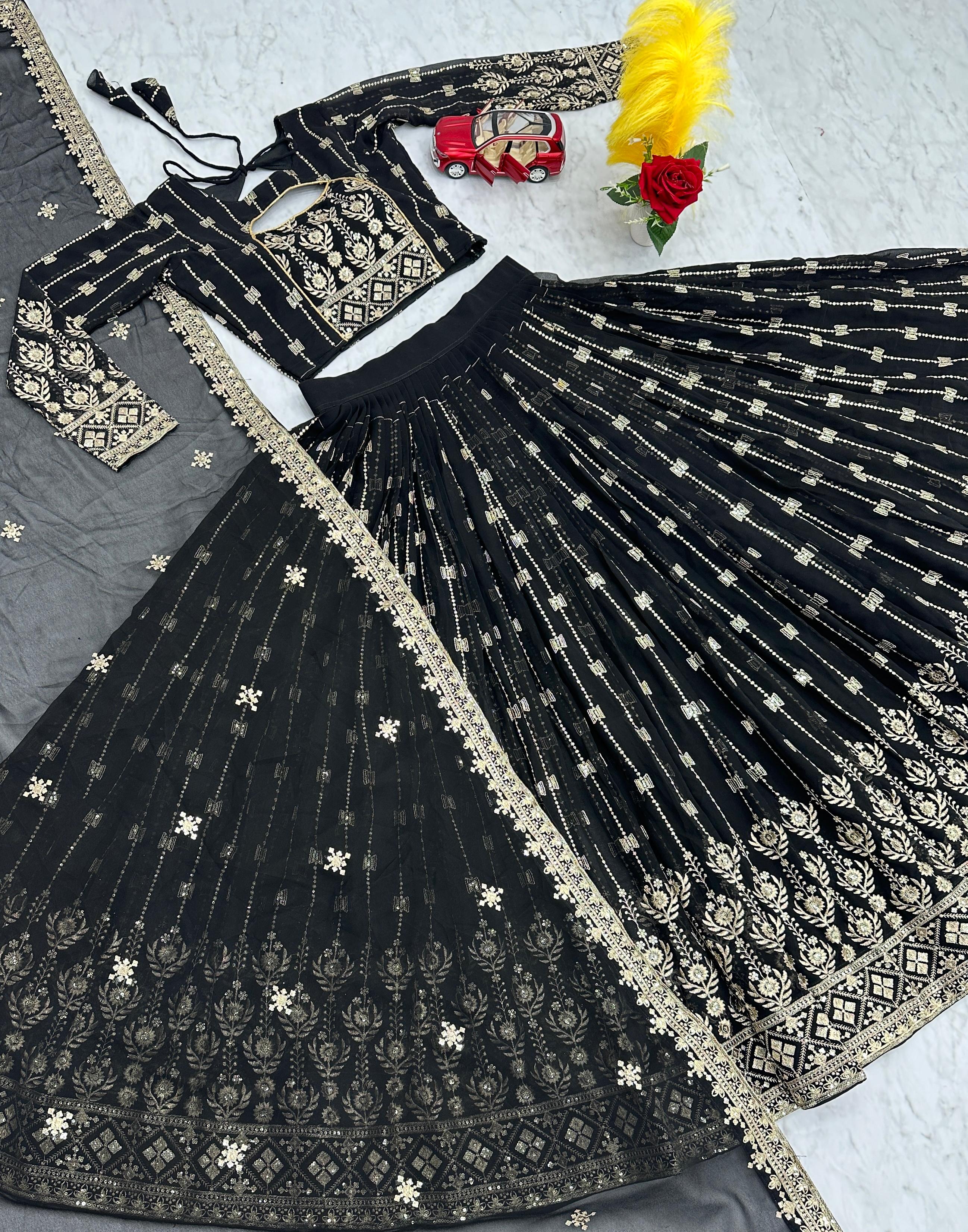 Heavy Embroidery Sequence Work Black Lehenga Choli