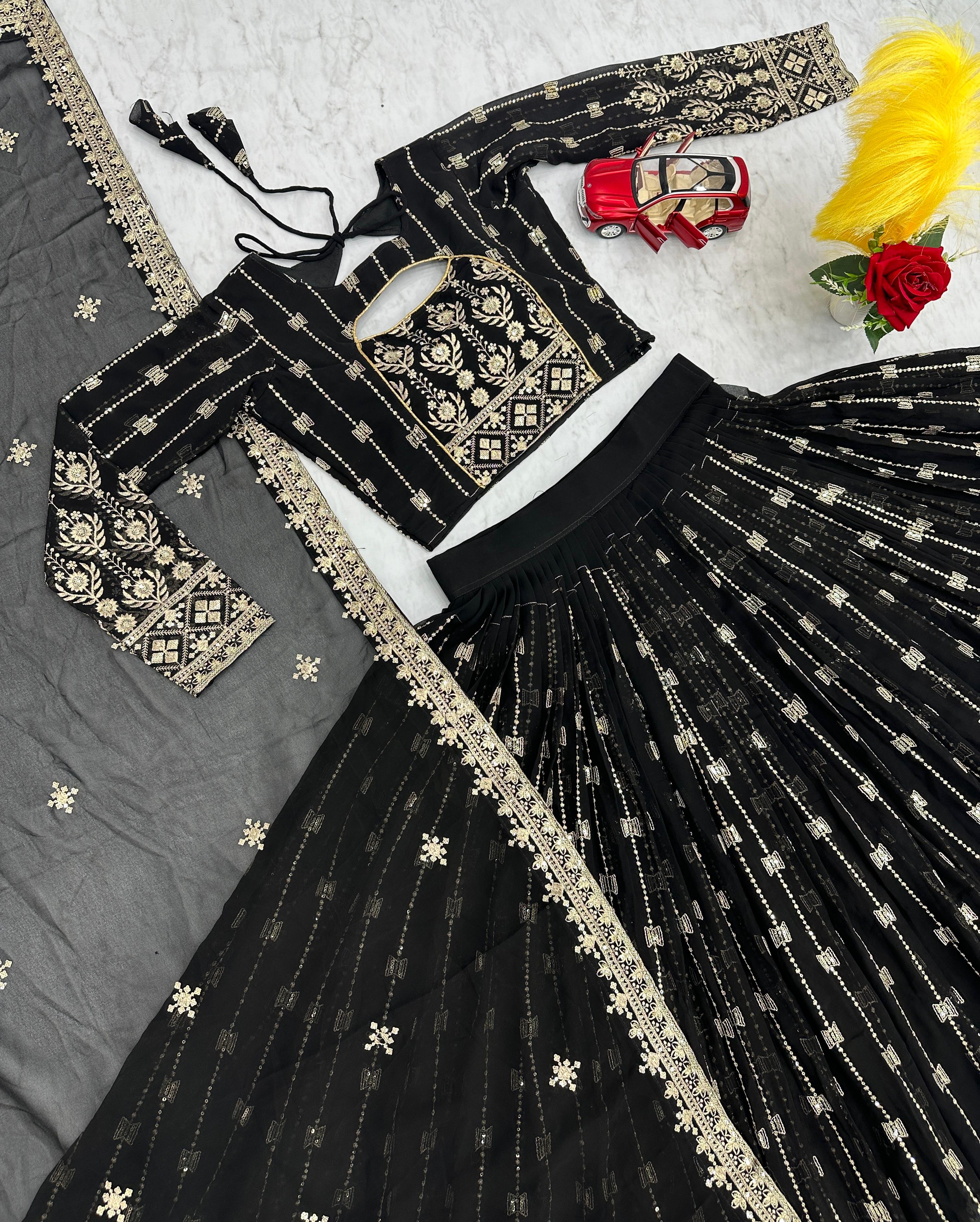 Heavy Embroidery Sequence Work Black Lehenga Choli