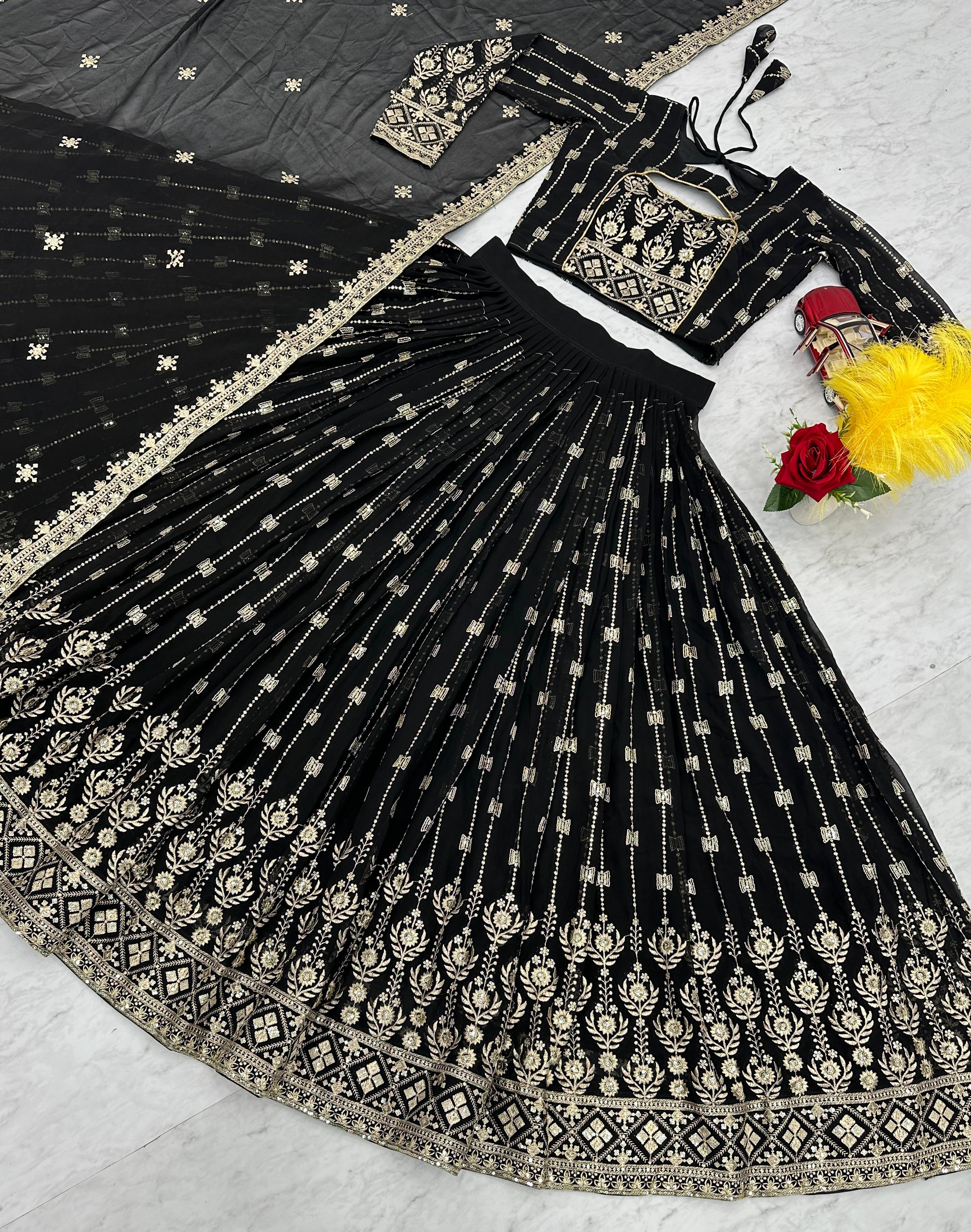 Heavy Embroidery Sequence Work Black Lehenga Choli