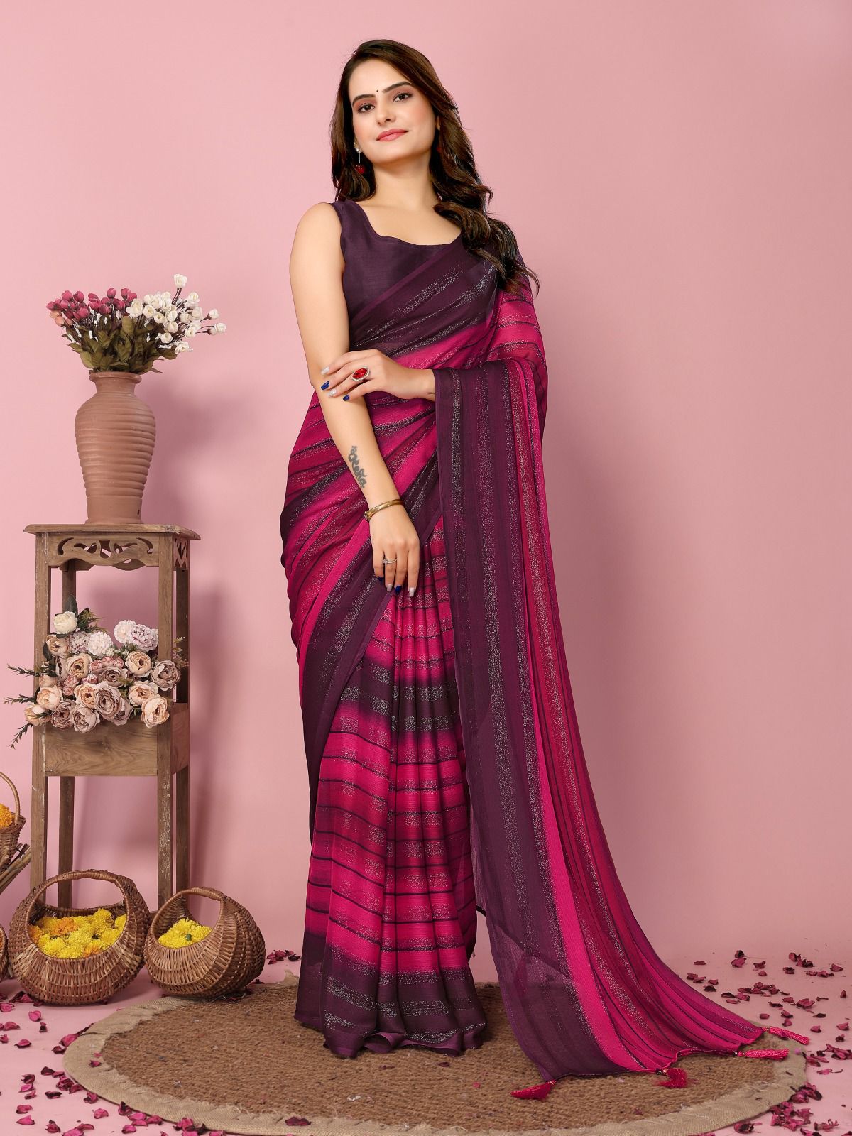 Stunning Zari Silk Multi With Pink Ready To Wear Saree