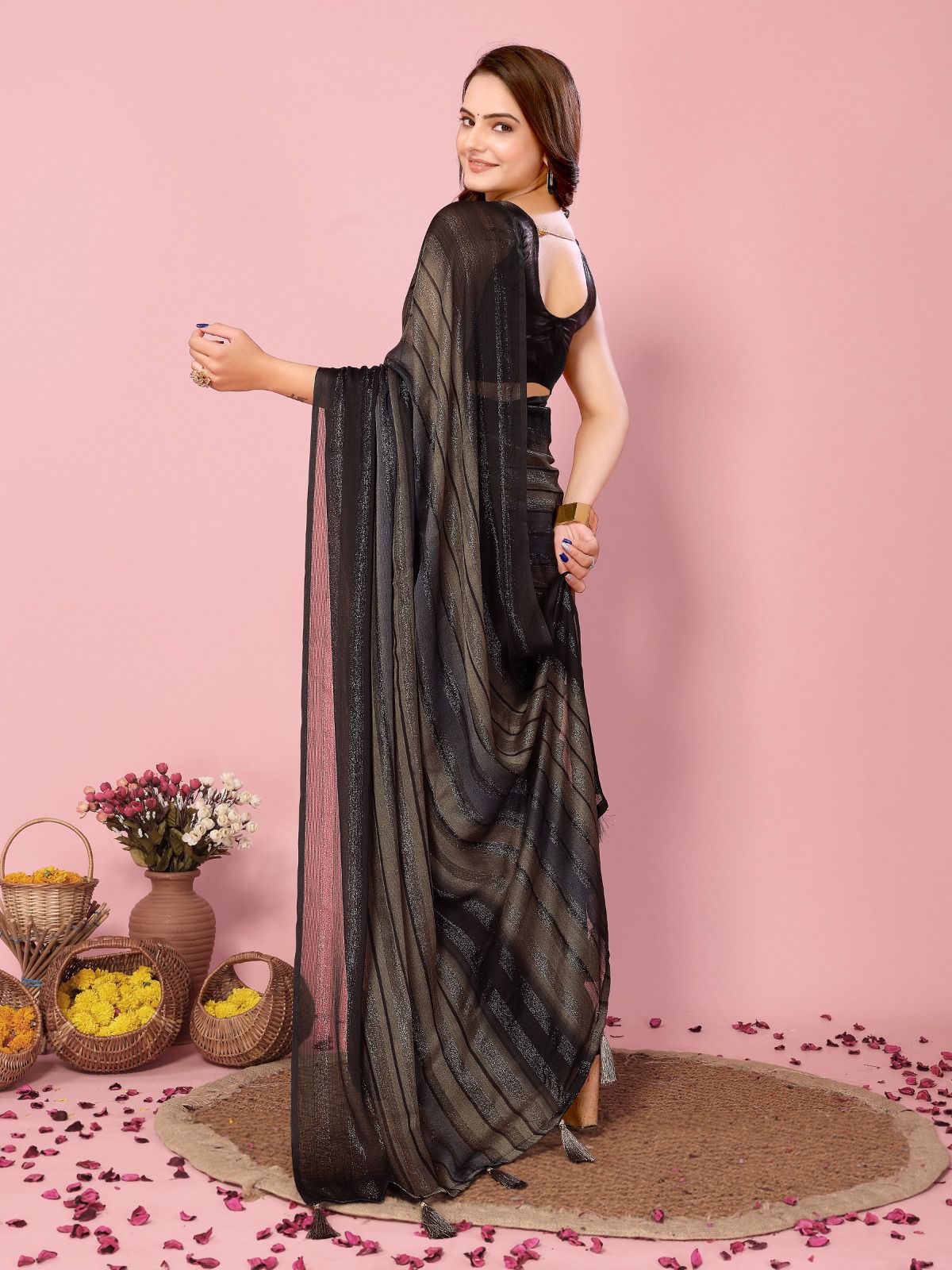 Stunning Zari Silk Multi With Black Ready To Wear Saree