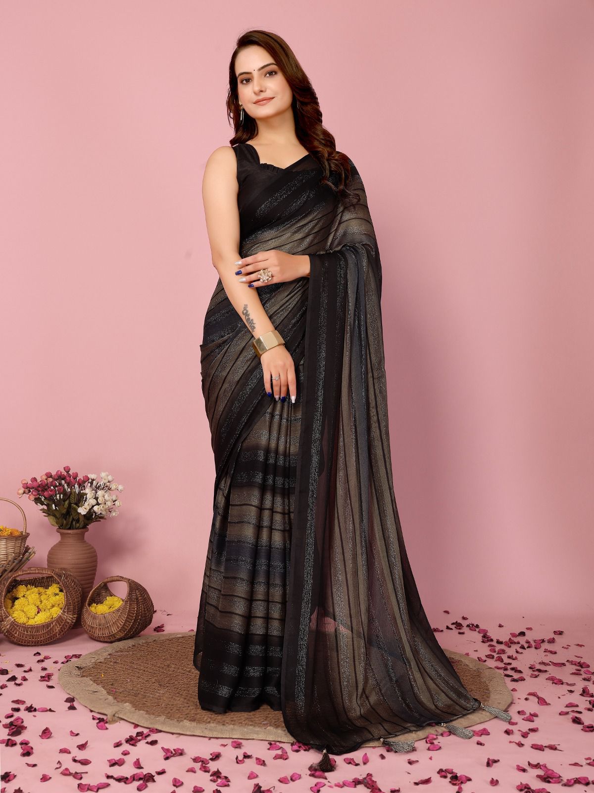 Stunning Zari Silk Multi With Black Ready To Wear Saree