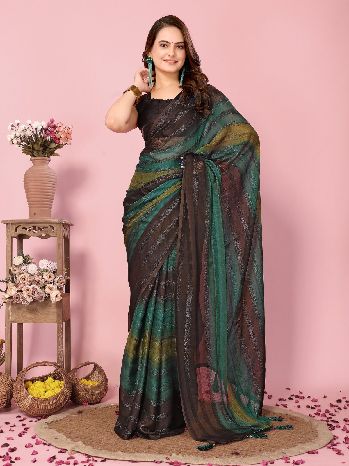 Stunning Zari Silk Multi With Green Ready To Wear Saree