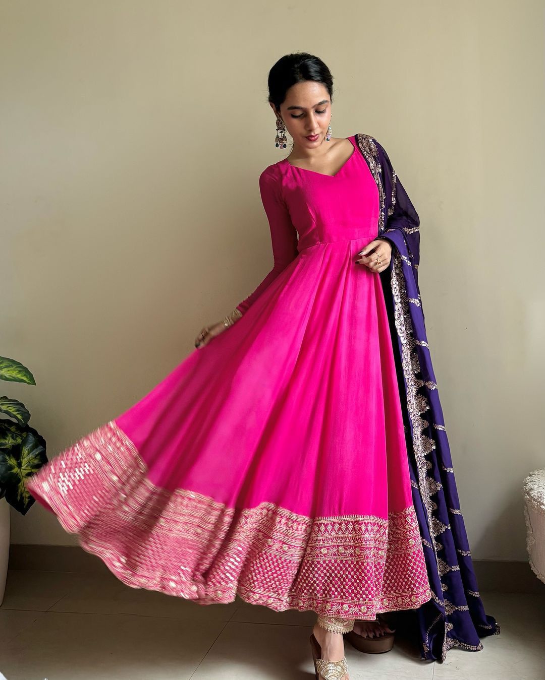 Beautiful Border Pink Color Long Gown Blue Dupatta