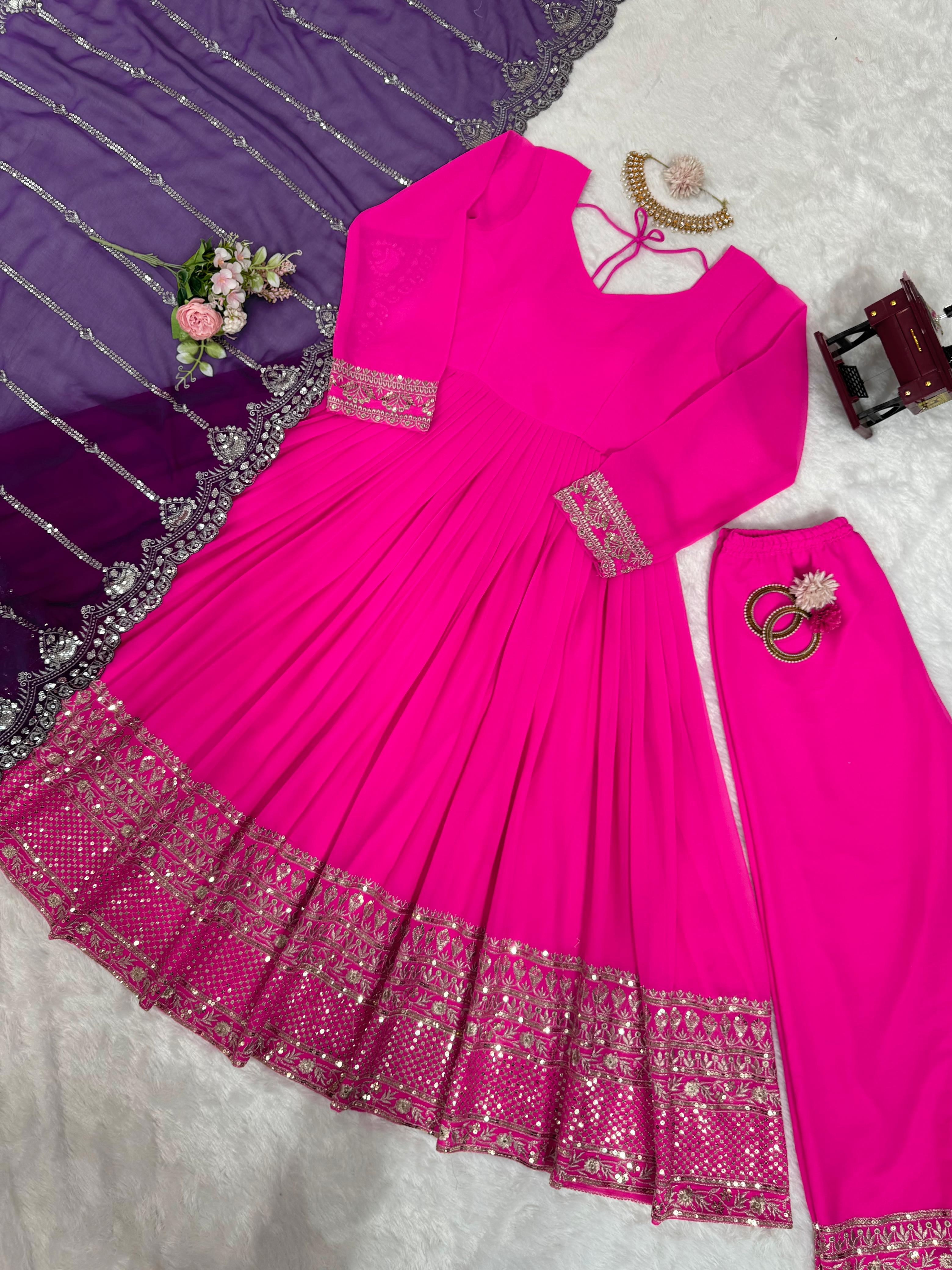 Beautiful Border Pink Color Long Gown Blue Dupatta