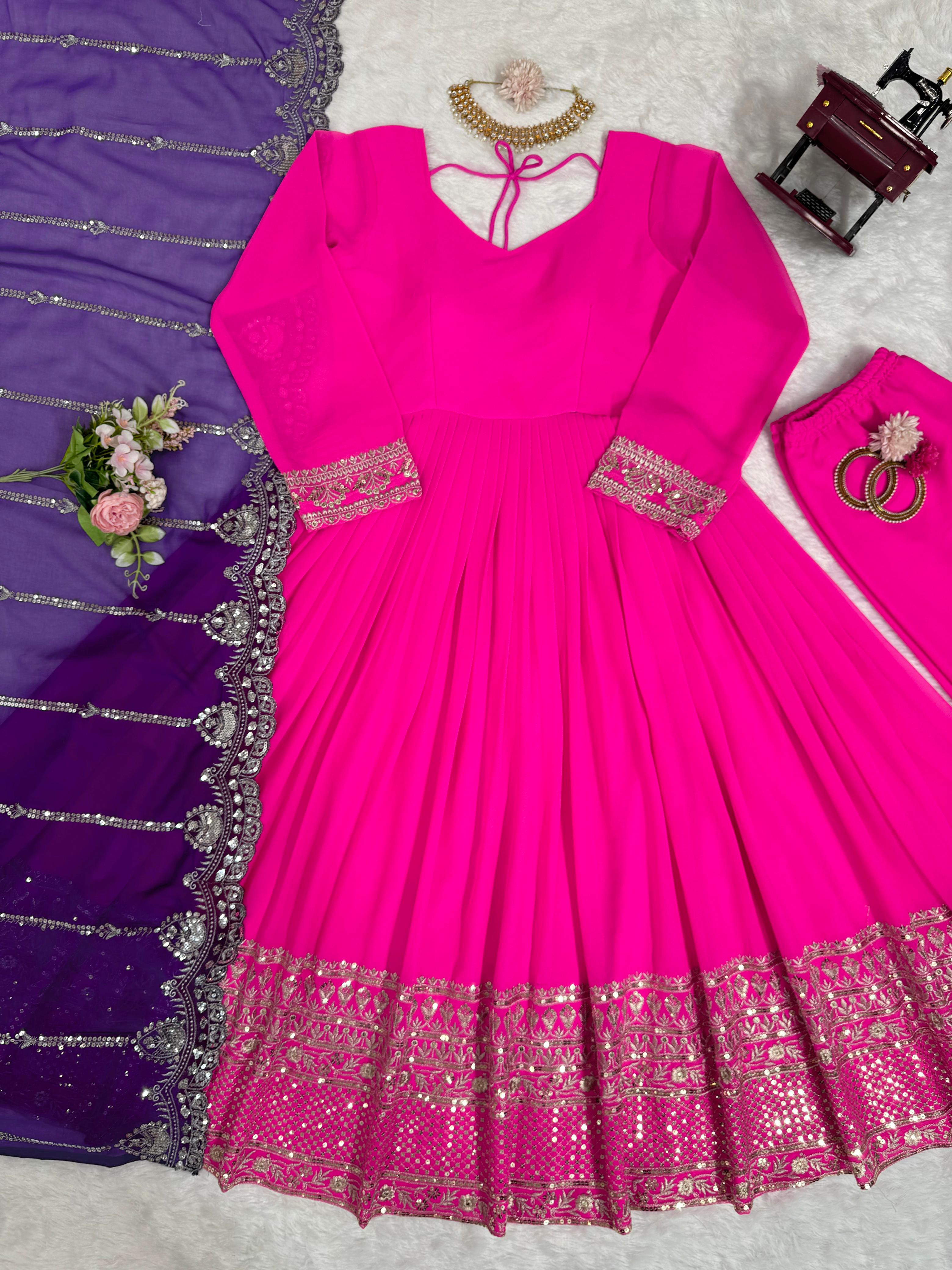 Beautiful Border Pink Color Long Gown Blue Dupatta