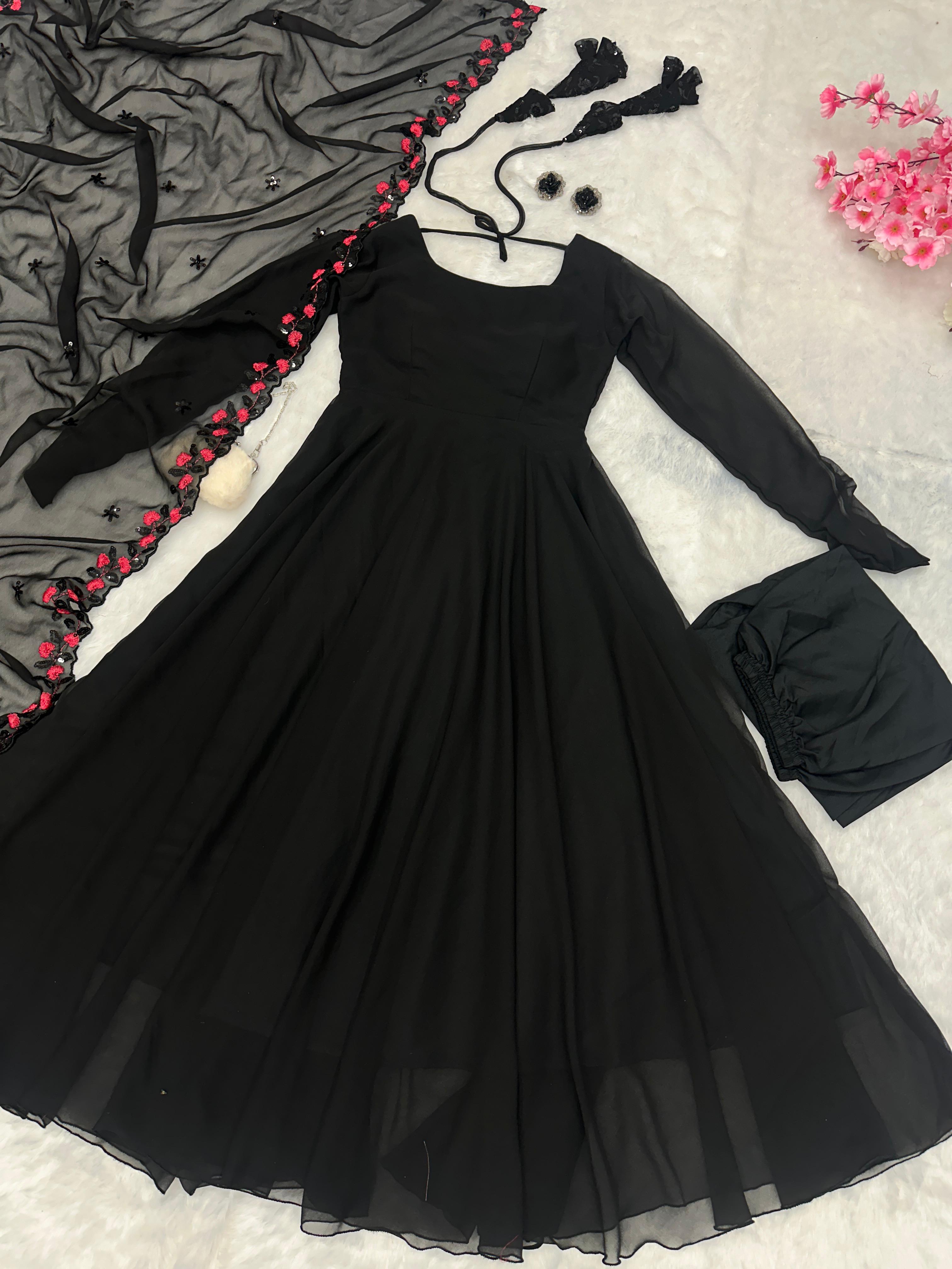 Luxuriant Black Color Plain Anarkali Gown With Dupatta