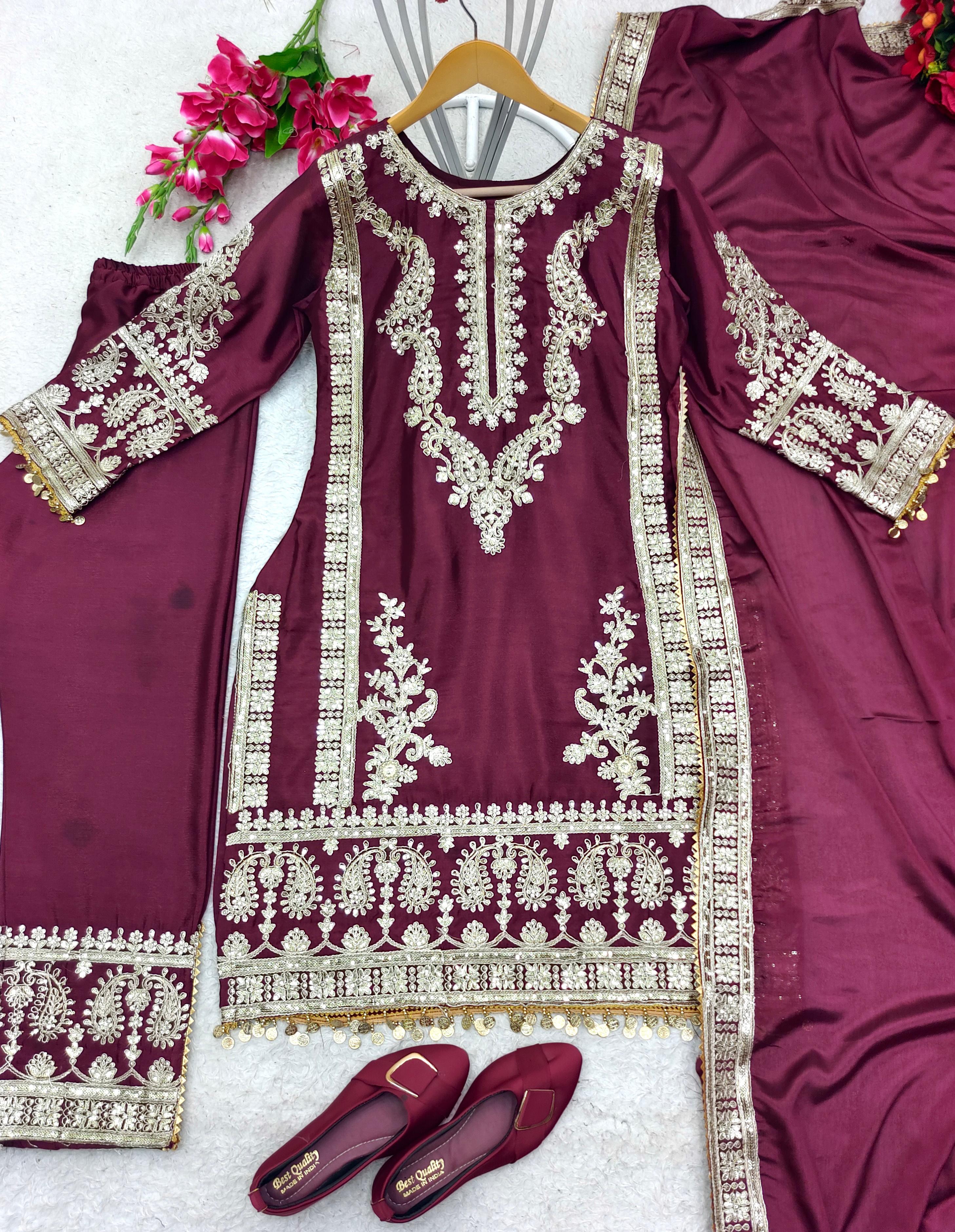 Captivating Wine Color Embroidery Work Kurti Set