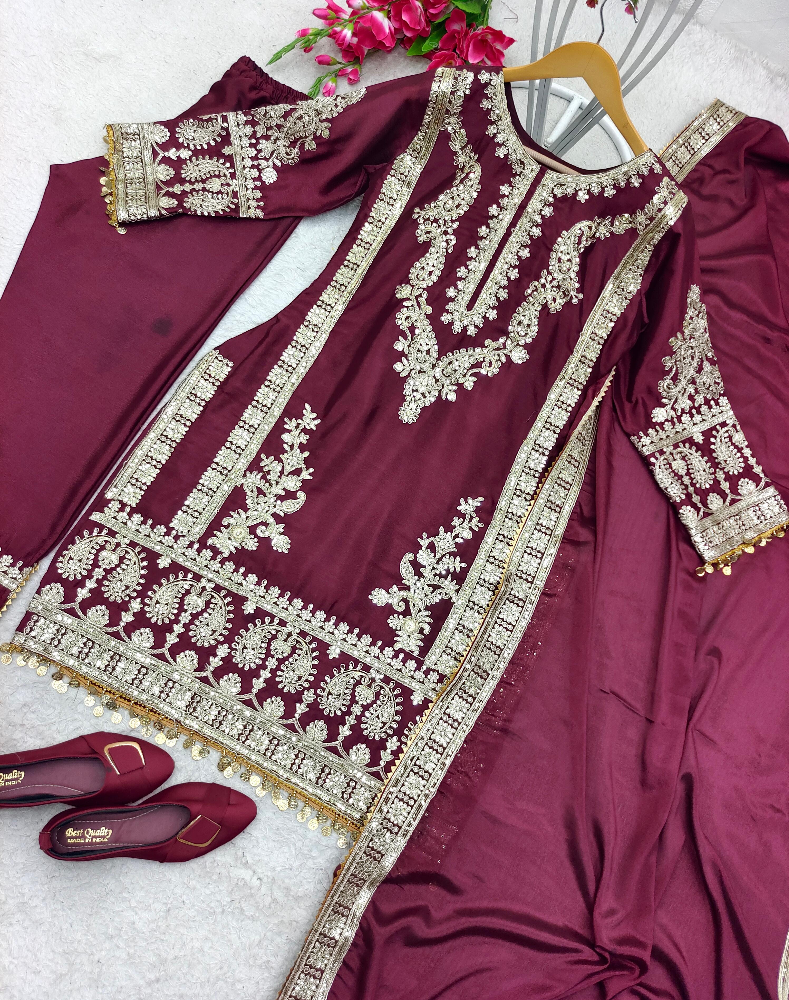 Captivating Wine Color Embroidery Work Kurti Set