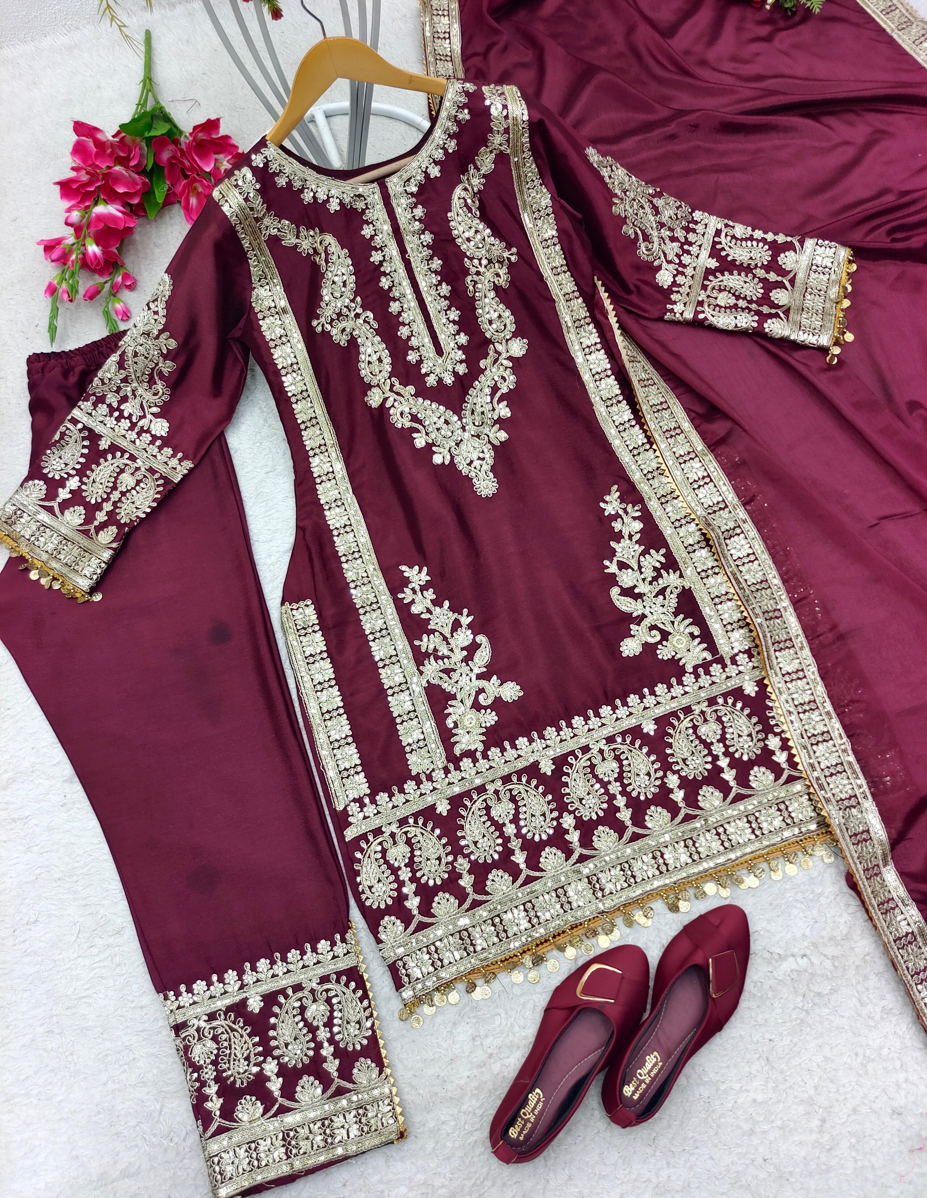 Captivating Wine Color Embroidery Work Kurti Set