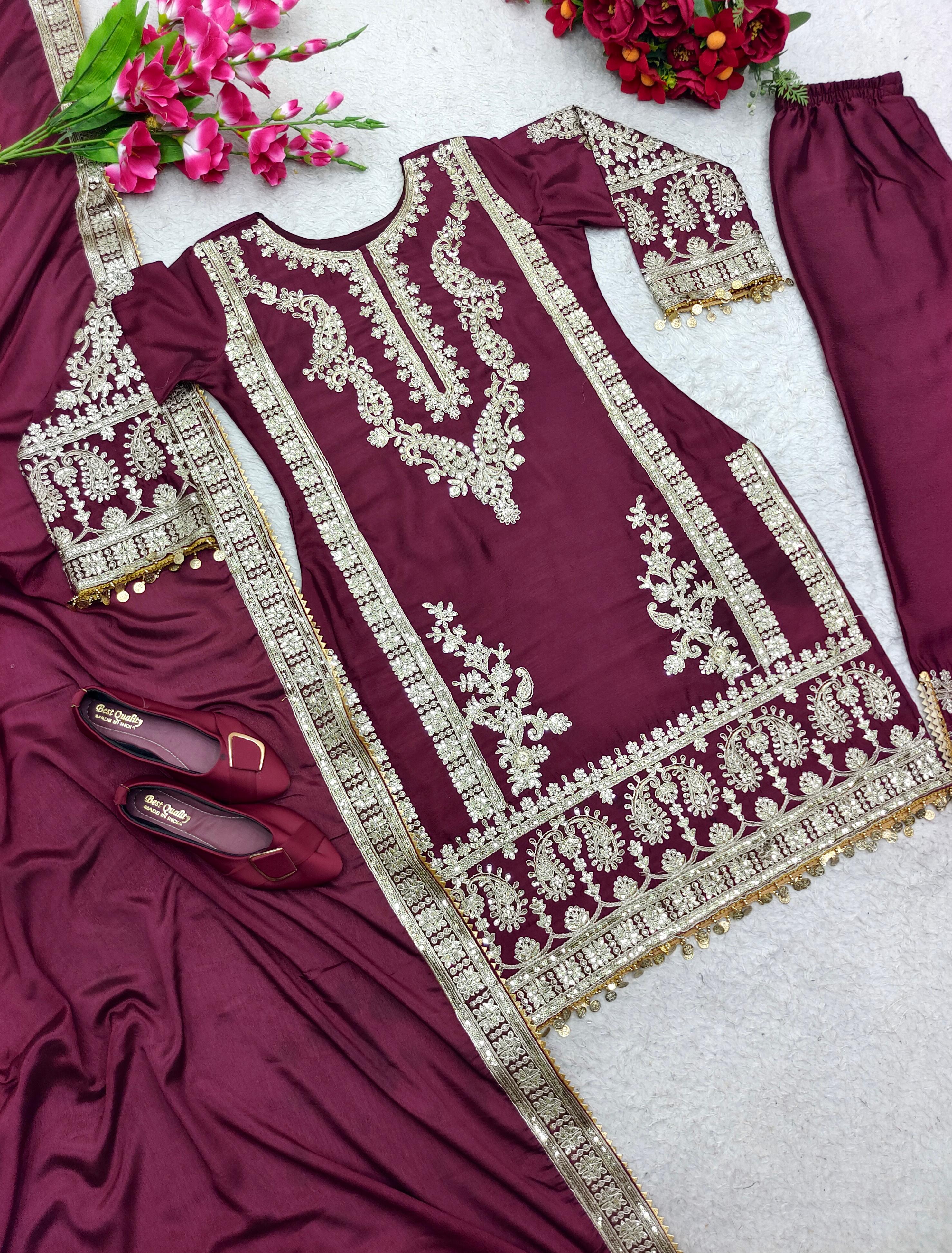 Captivating Wine Color Embroidery Work Kurti Set