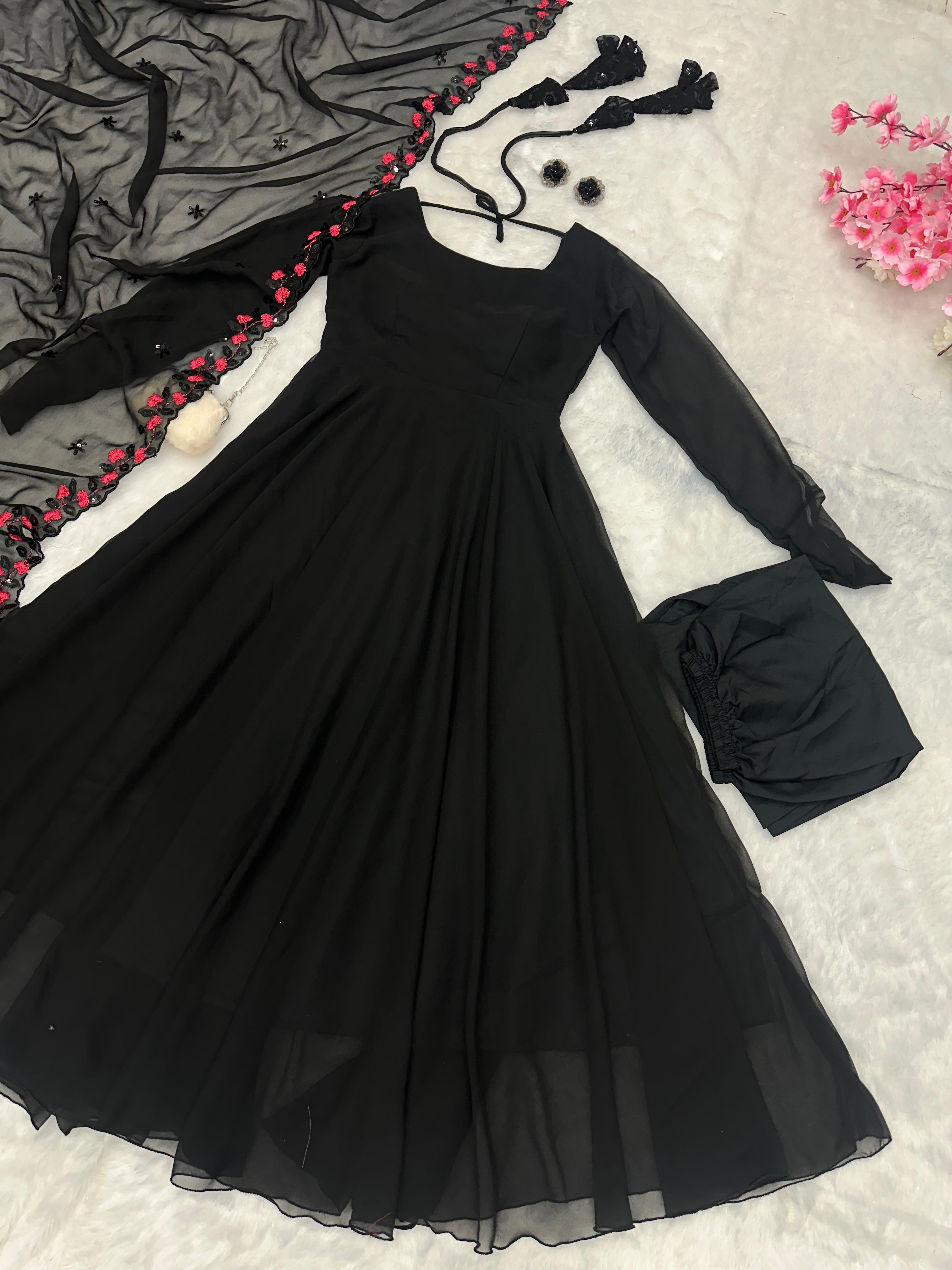 Luxuriant Black Color Plain Anarkali Gown With Dupatta