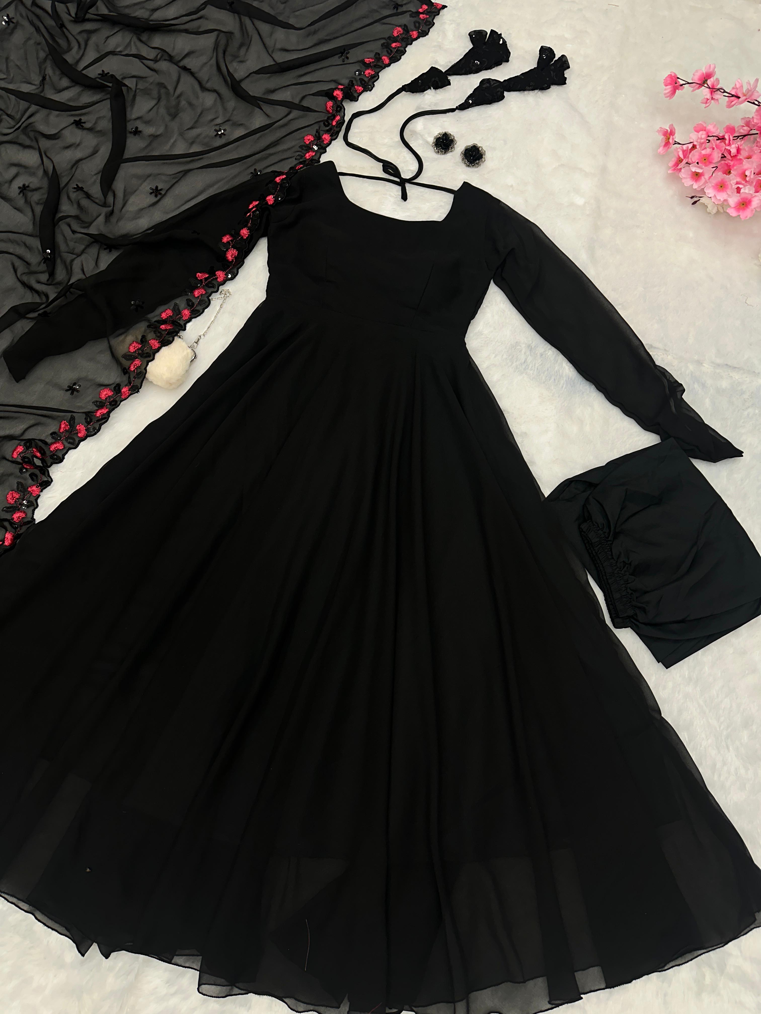 Luxuriant Black Color Plain Anarkali Gown With Dupatta