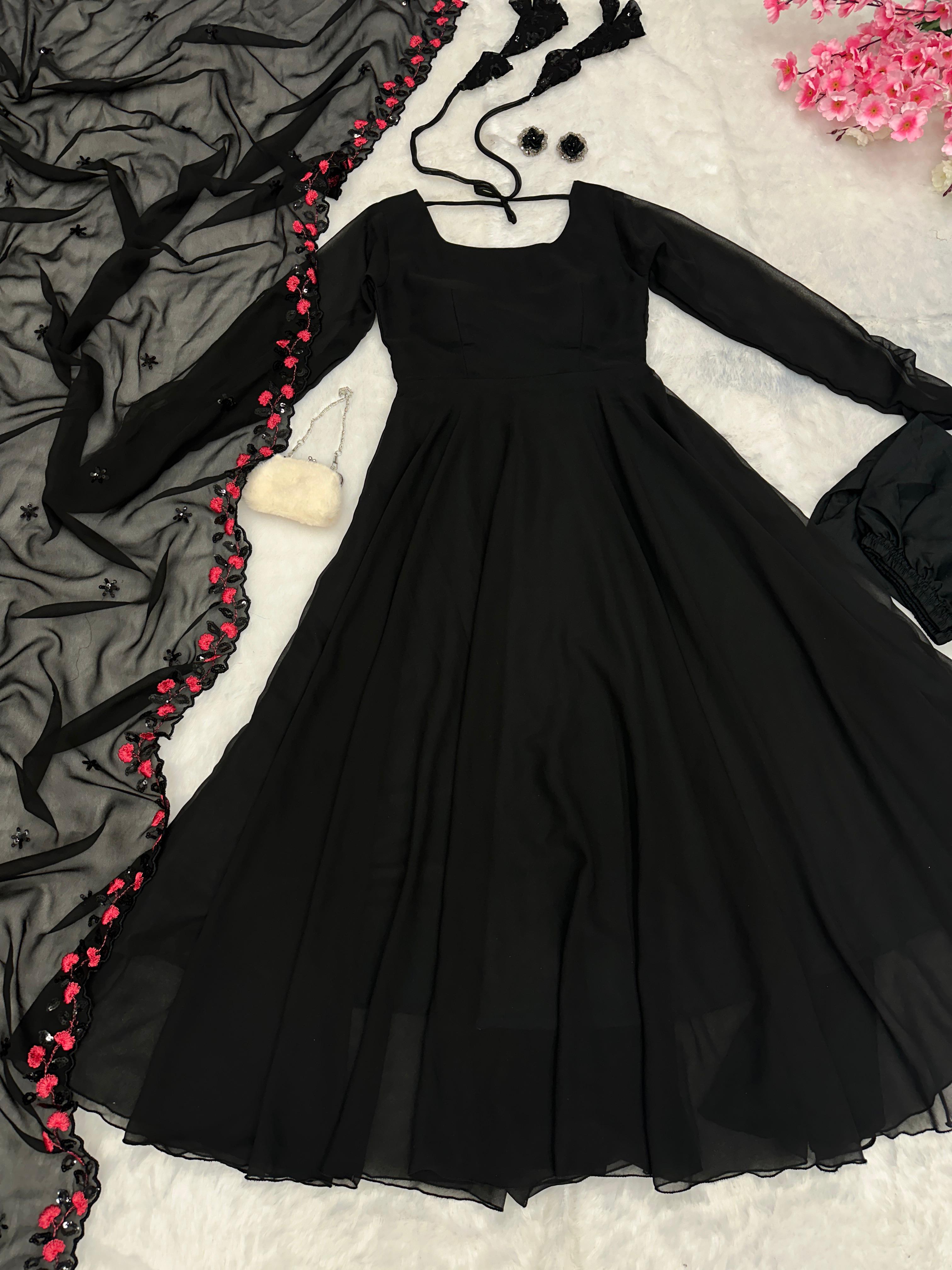 Luxuriant Black Color Plain Anarkali Gown With Dupatta