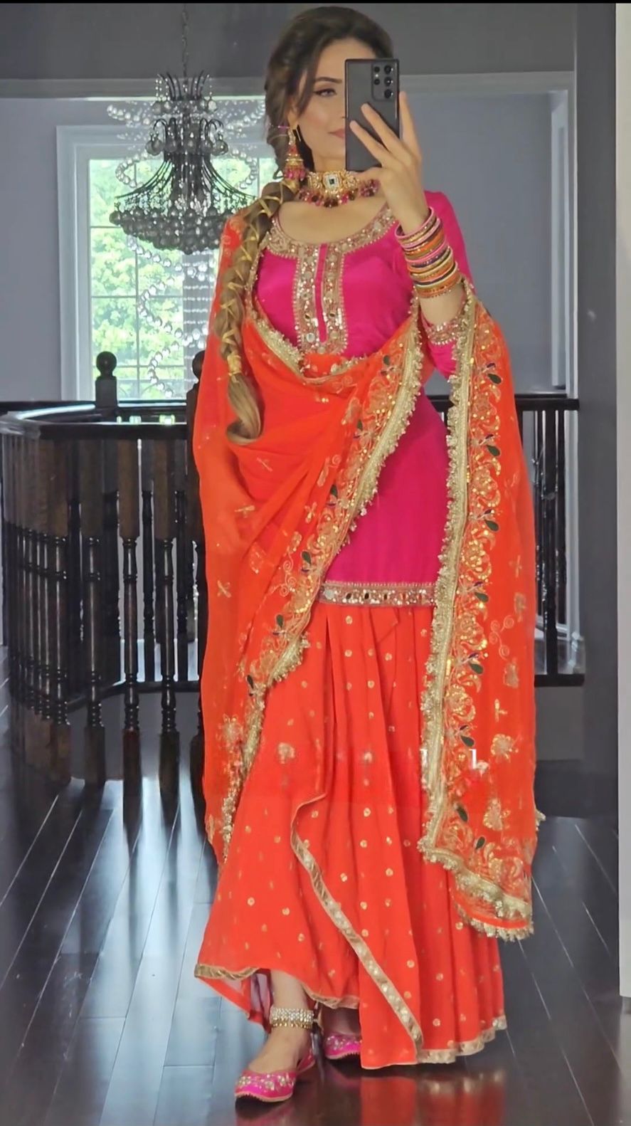 Festive Wear Sequence Work Pink With Orange Lehenga Suit